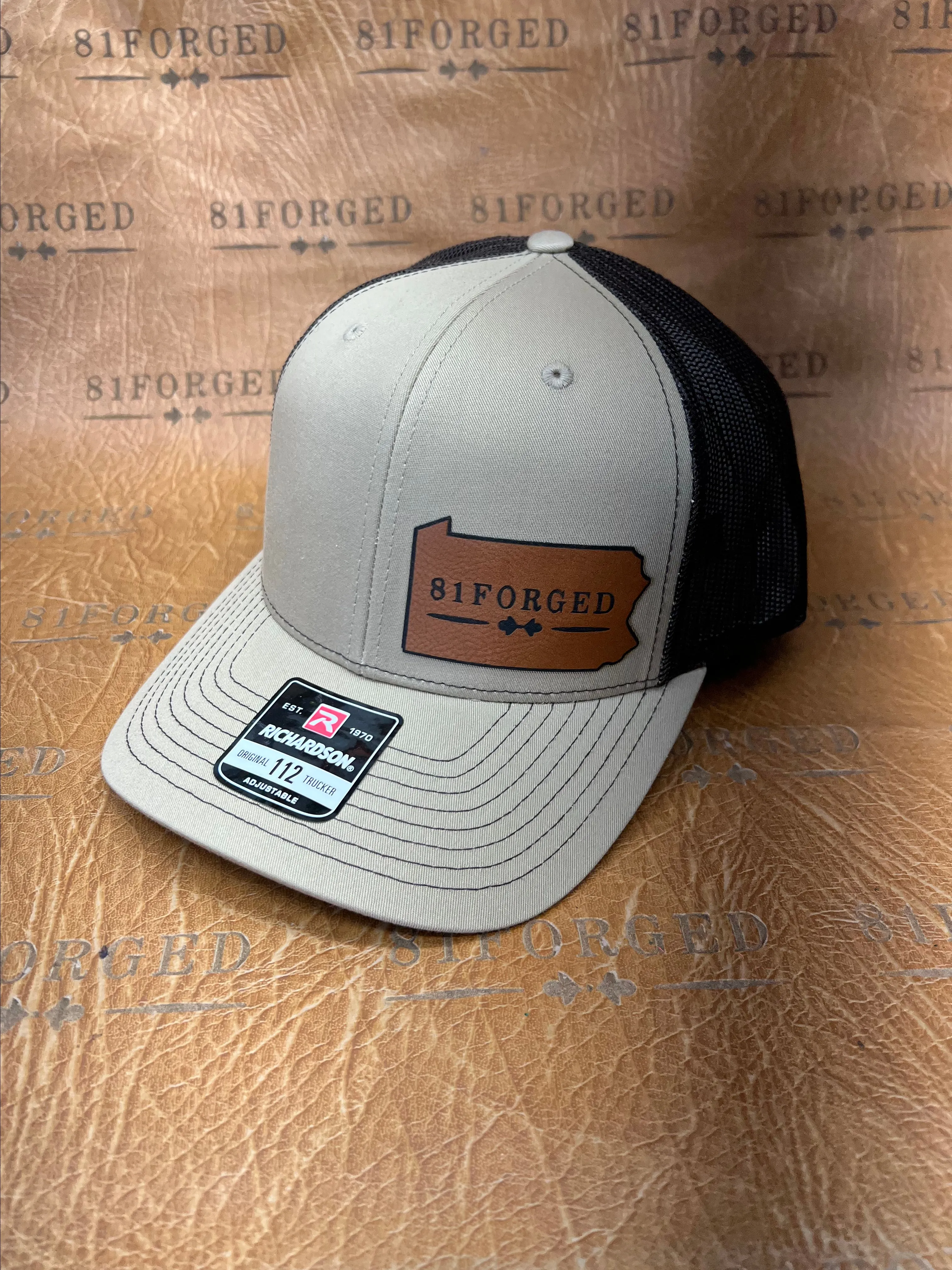 Product image for Khaki Richardson 112 leather patch hat with the 81Forged Logo.