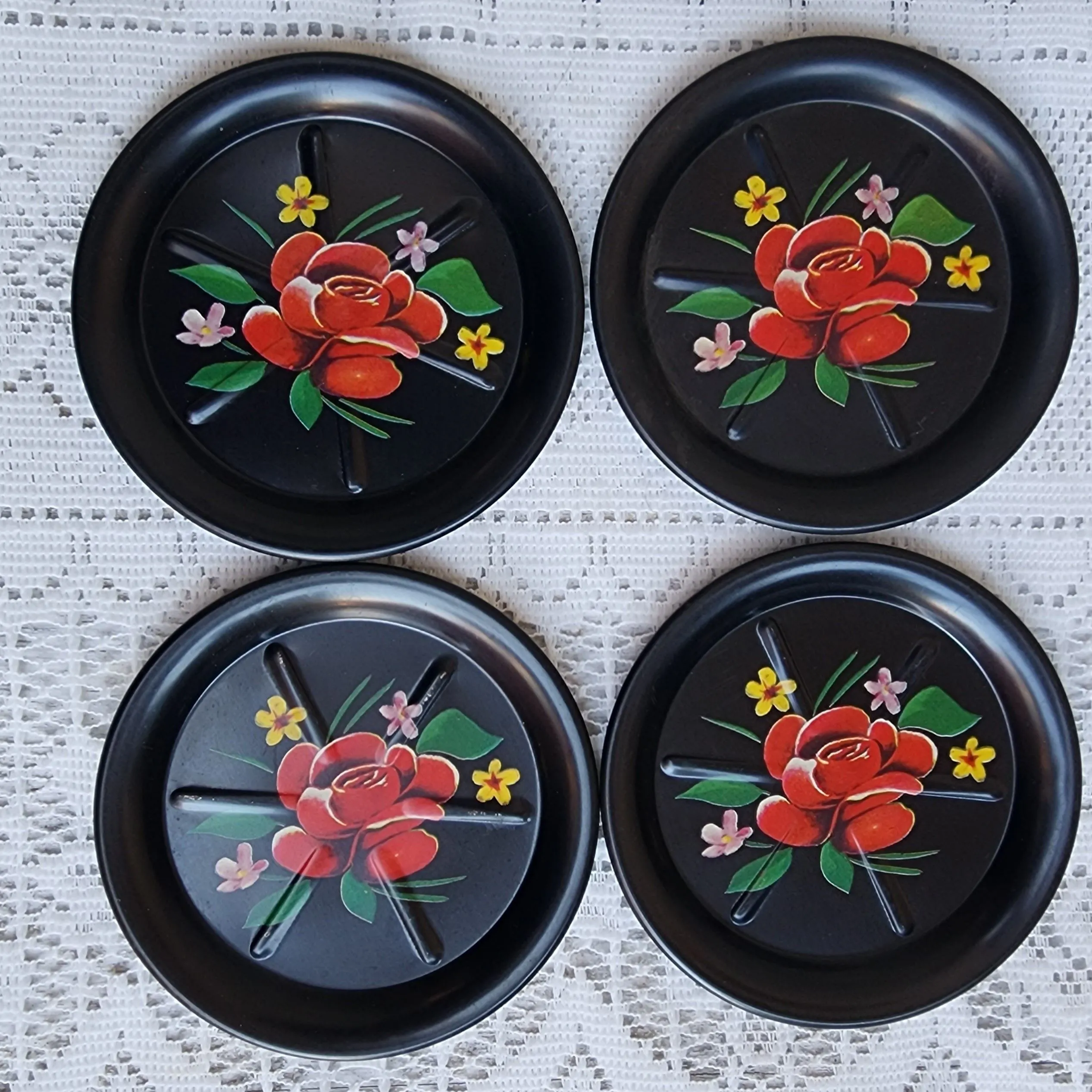 Product image for #24 Black Metal Red Rose Metal Drink Coasters Set of 4