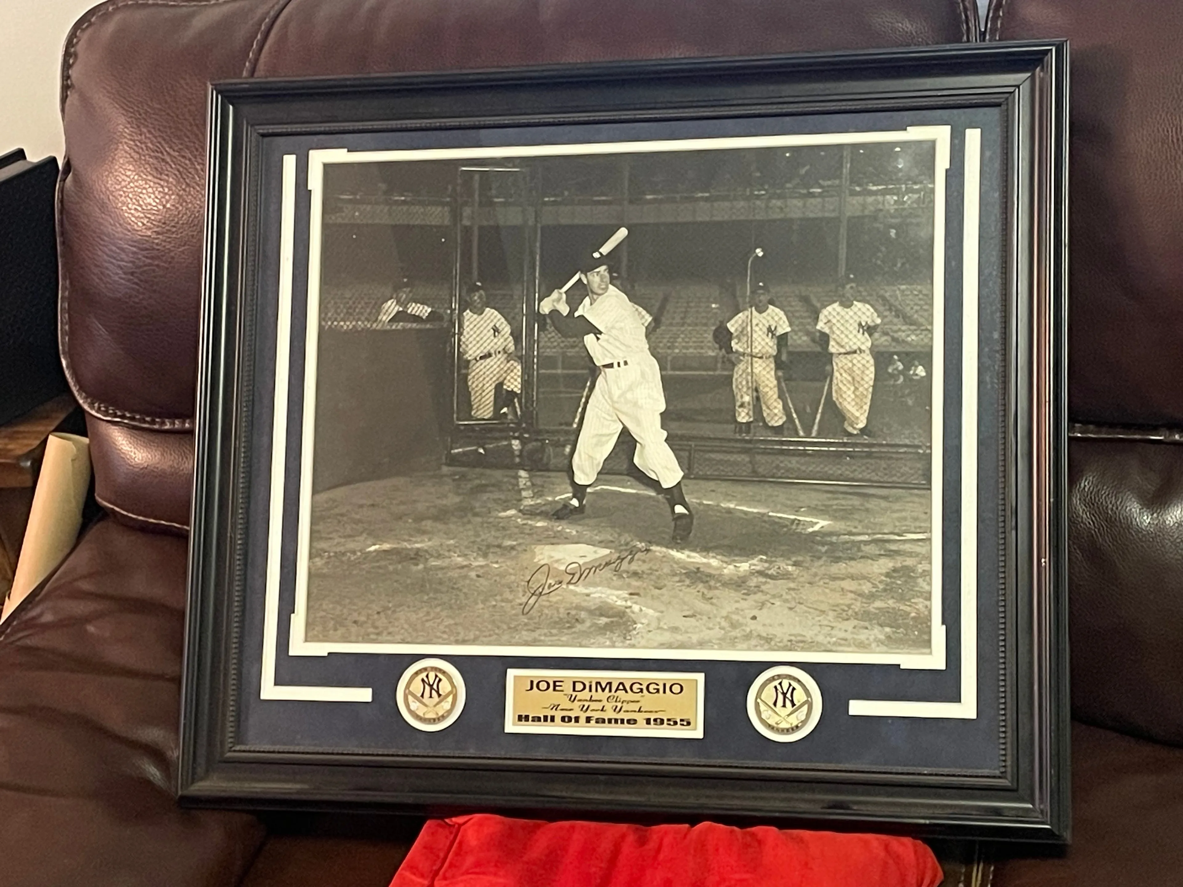 Product image for Huge Joe DiMaggio "The Yankee Clipper" signed framed and matted with medalions & COA