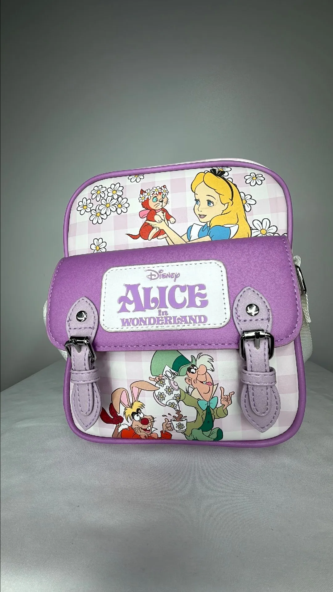 Product image for Disney Vegan Leather Crossbody Backpack with Adjustable Strap, Alice in Wonderland Tea Party and Gar