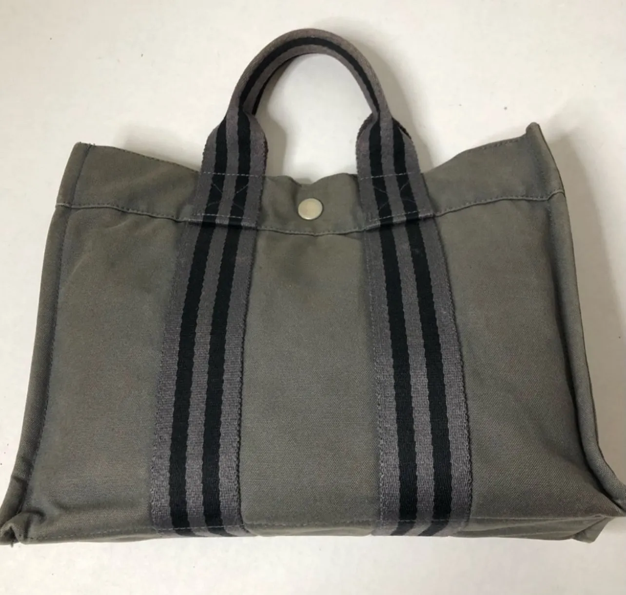 Product image for Authentic HERMES Vintage Canvas Tote Dark Gray with Gray/Black Striped Handle