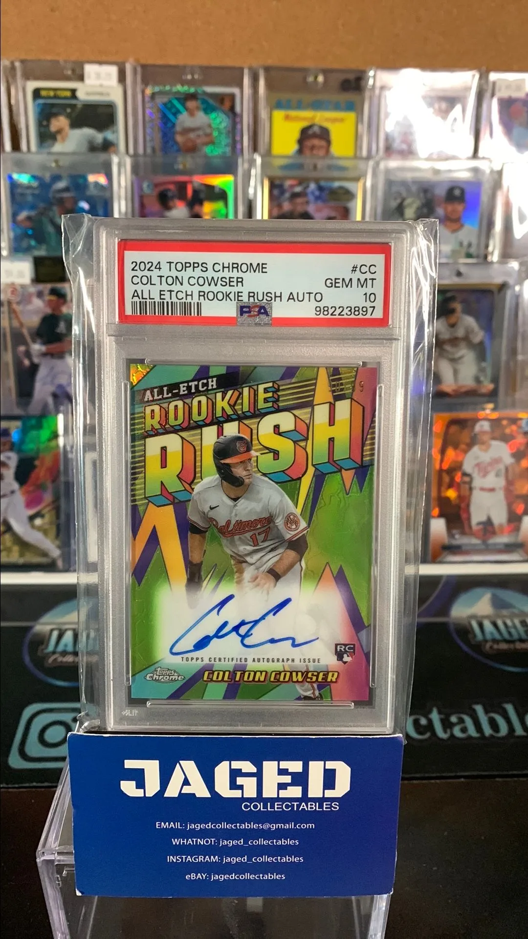 Product image for 2024 Topps Chrome Chrome All Etch Rookie Rush Autographs Colton Cowser CC  PSA GEM MT 10