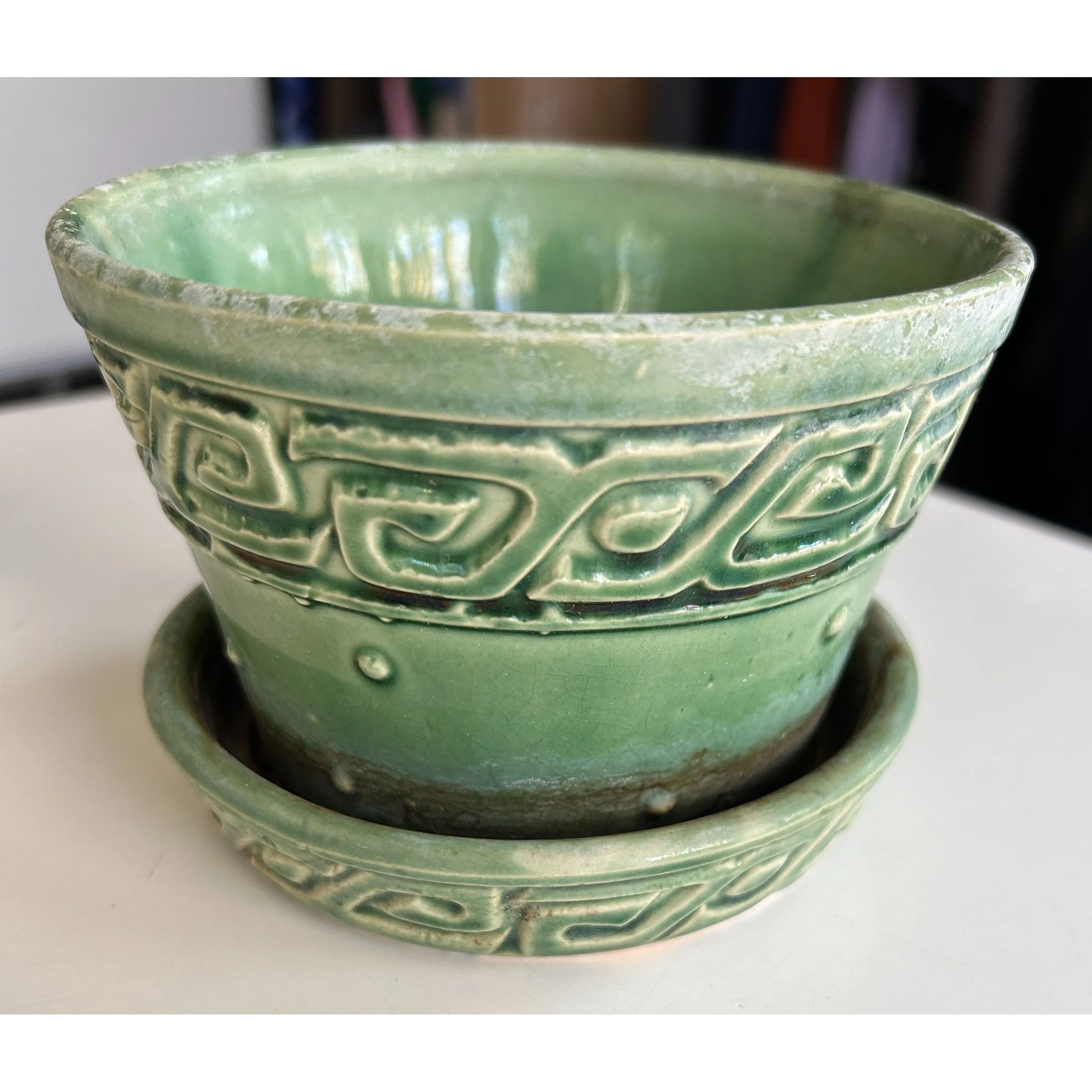 Product image for Vintage Green McCoy Planter in Greek Key & Dot Pattern