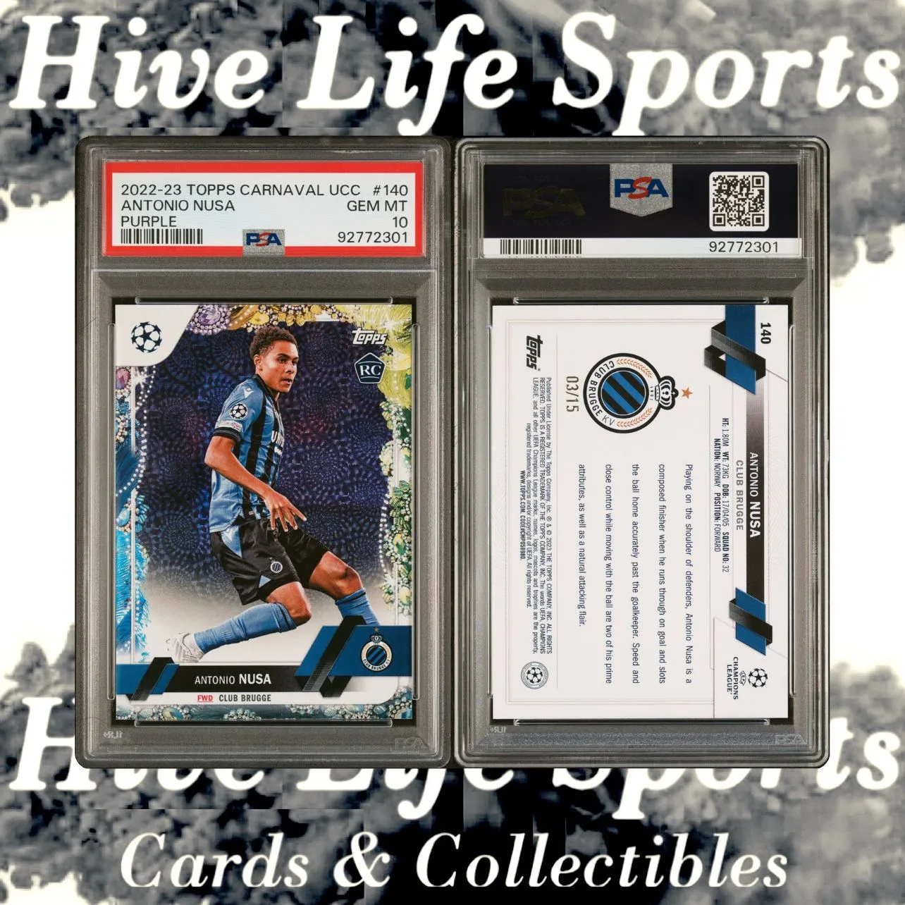 Product image for Antonio Nusa 22-23 Topps Carnaval UEFA CC Purple RC /15 #140 Club Brugge PSA 10 Pop 1