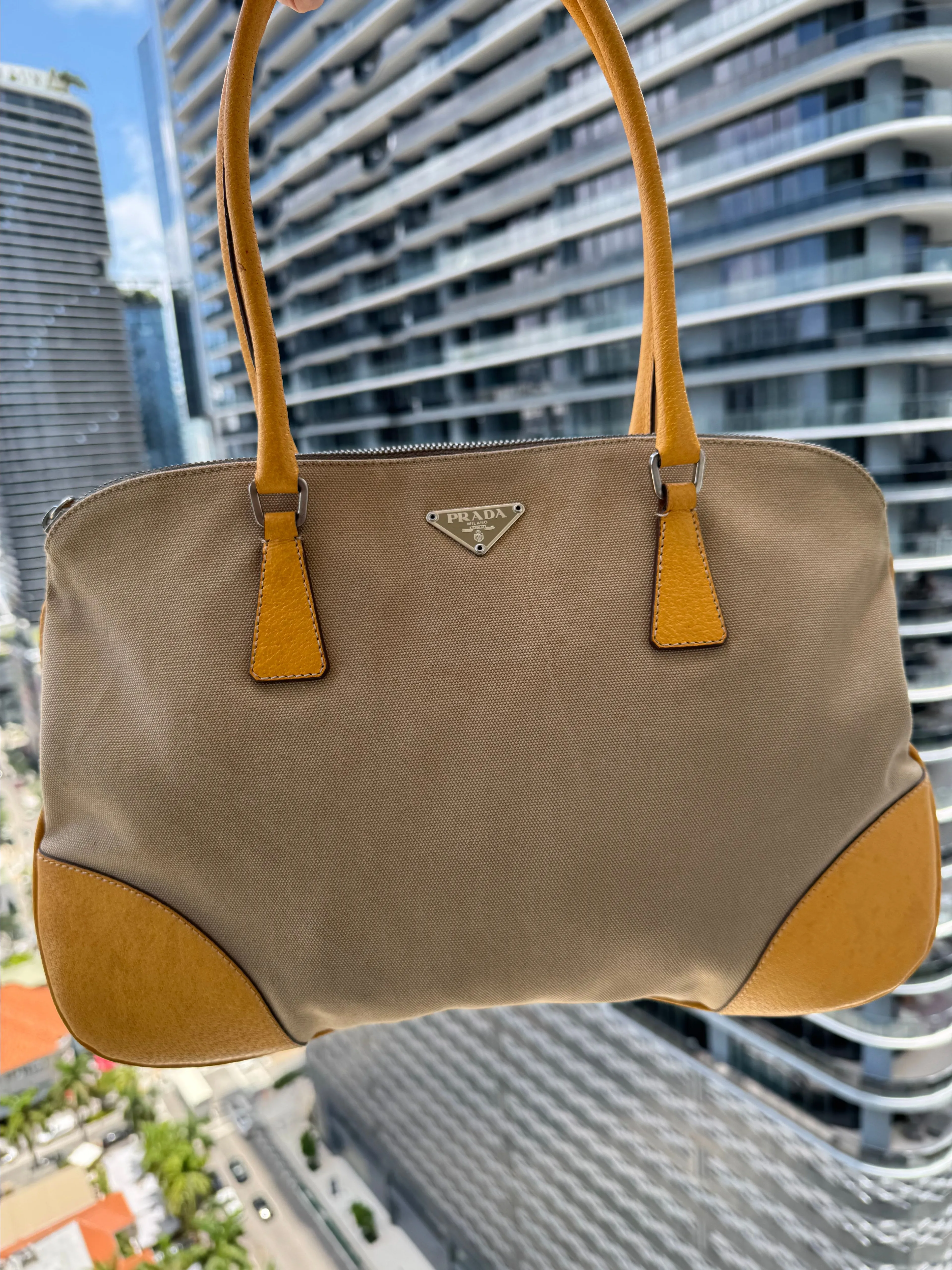 Product image for 55. Prada Tan Canvas & Leather Shoulder Bag