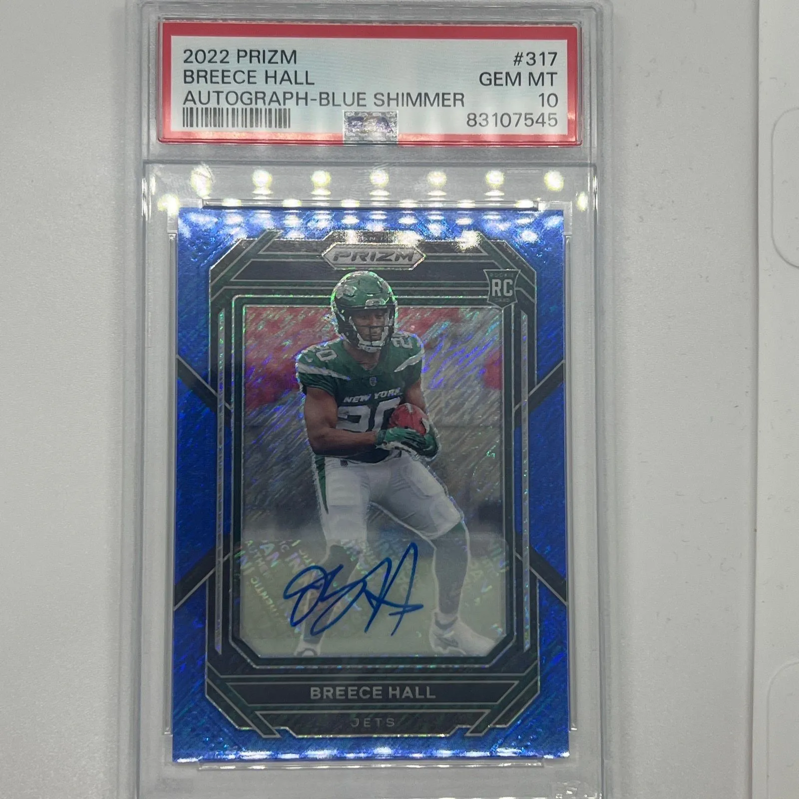 Product image for 2022 Panini Blue Shimmer Prizm #317 Breece Hall Jets RC Rookie AUTO /25 PSA 10