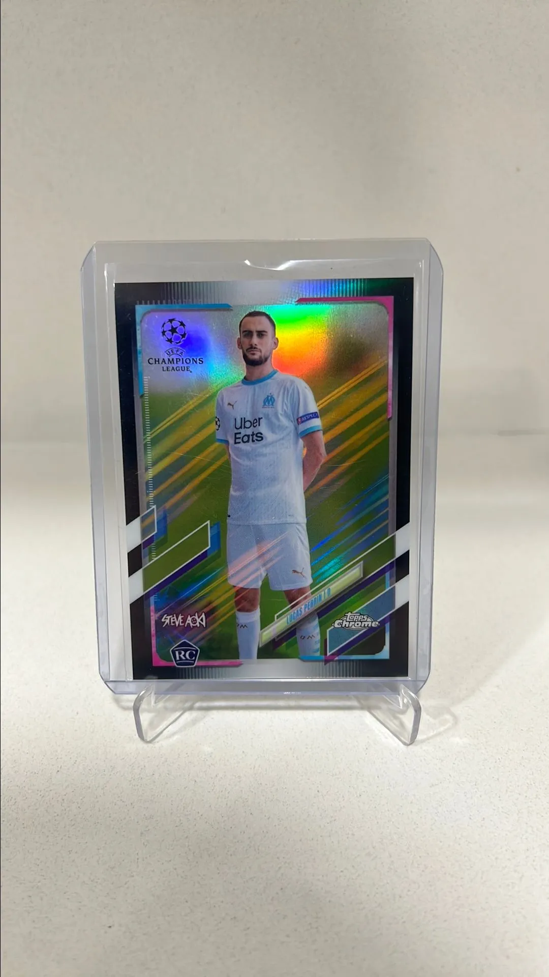 Product image for Lucas Perrin Olympique De Marseille #70 /99 Steve Aoki UEFA Neon Future RC Topps Chrome 2020-21