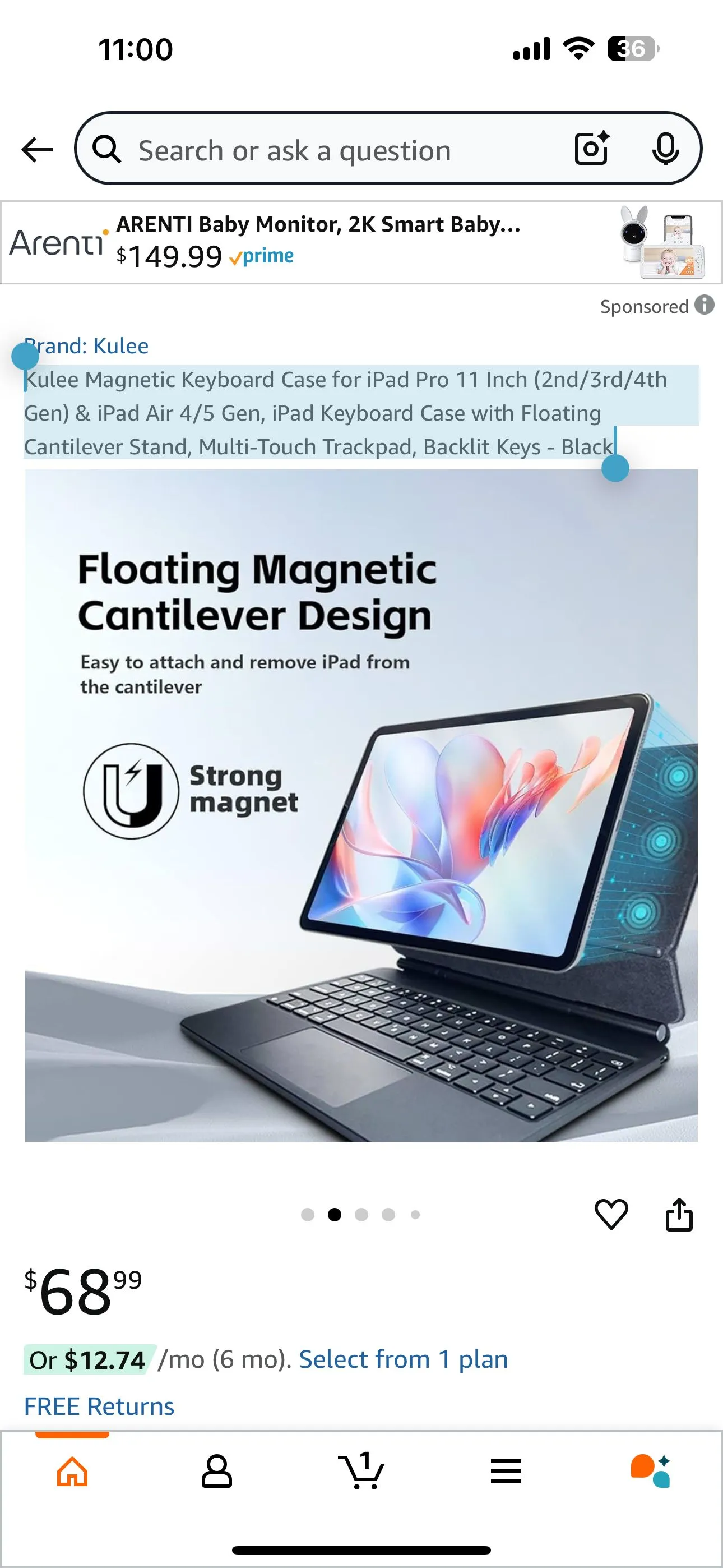 Product image for Kulee Magnetic Keyboard Case for iPad Pro 11 Inch (2nd/3rd/4th Gen) & iPad Air 4/5 Gen, iPad Keyboar