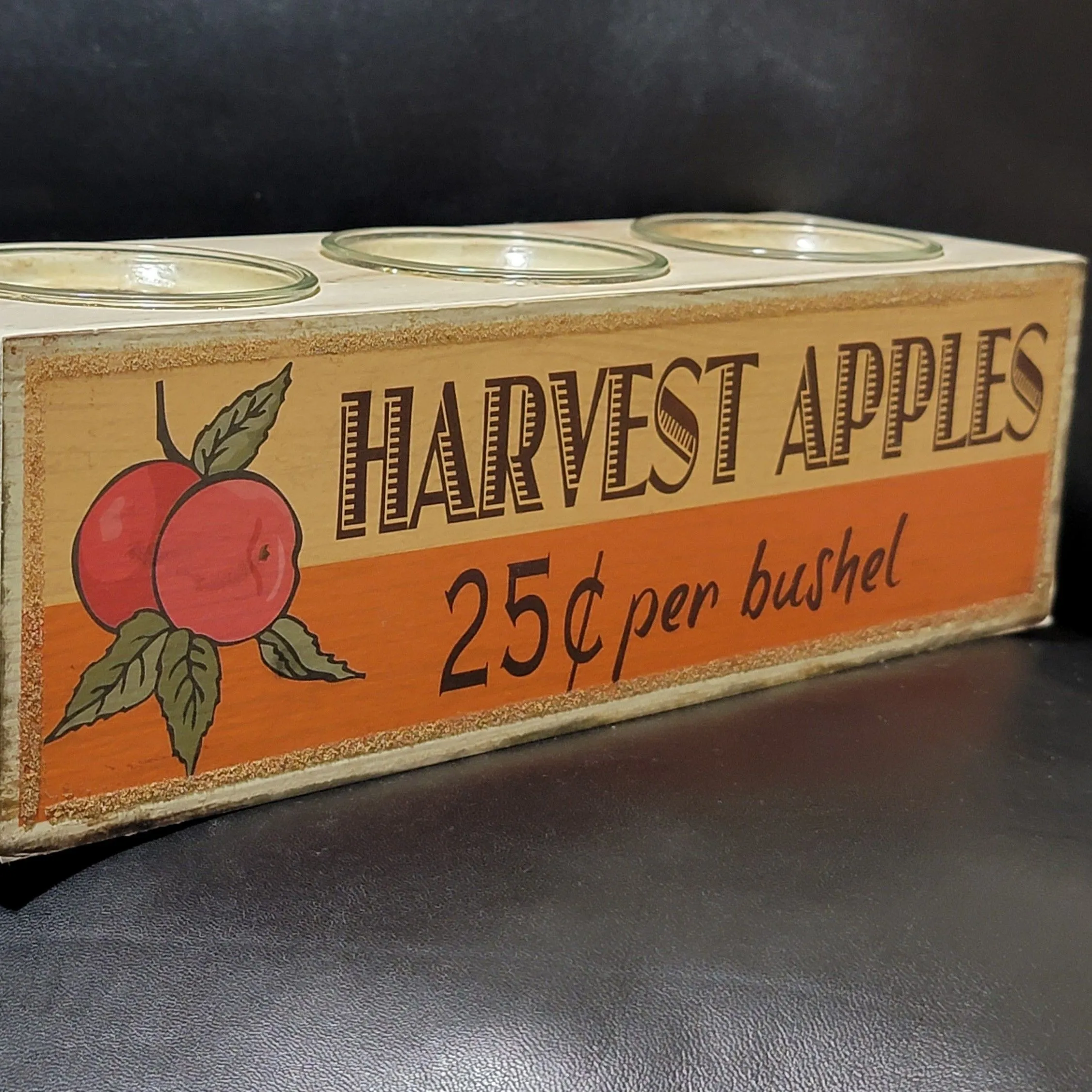 Product image for RARE Vintage Gold Glitter Wooden Votive Candle Holder Harvest Apples Farmhouse