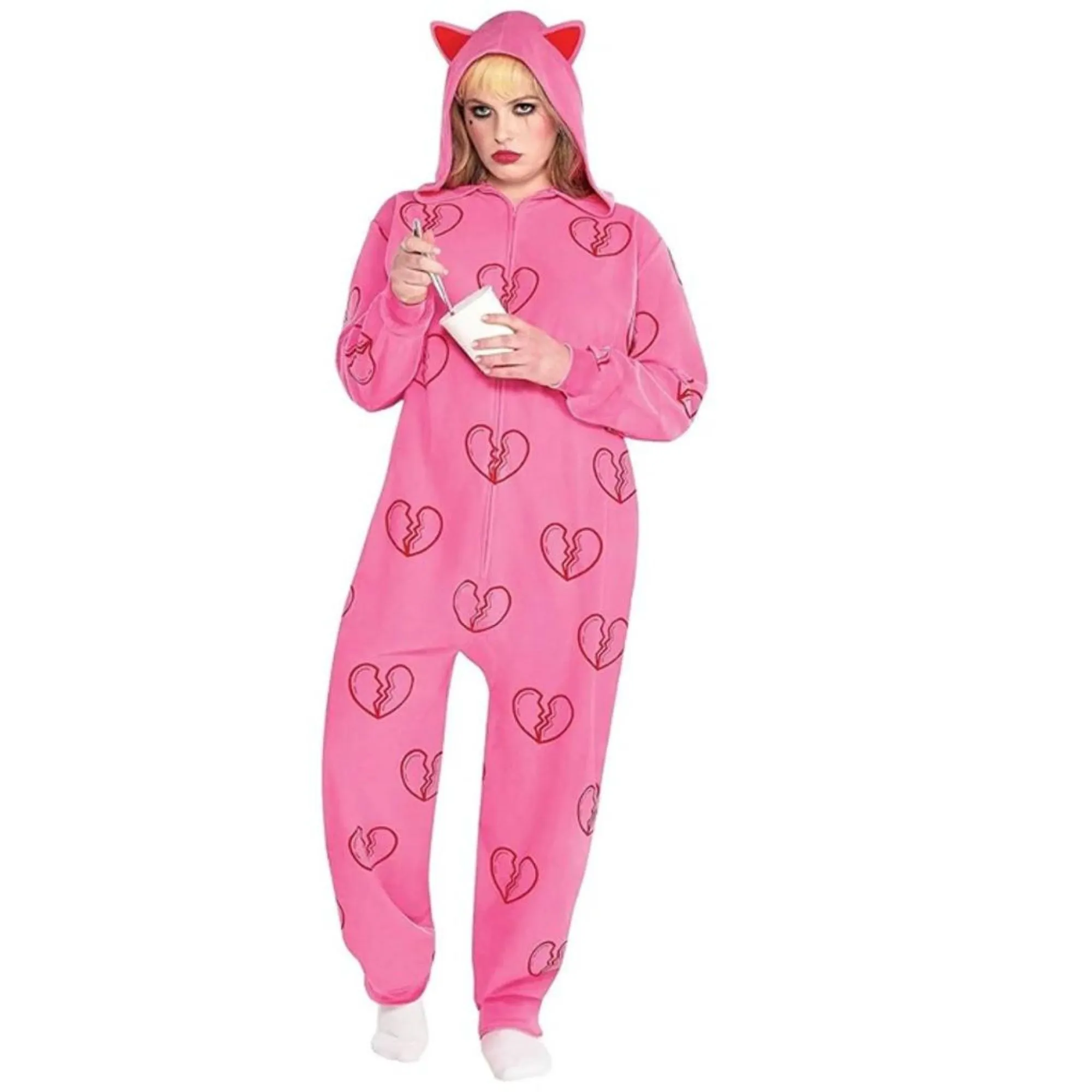 Product image for Party City Harley Quinn Heart Break Onesie Halloween Costume for Women with Hood