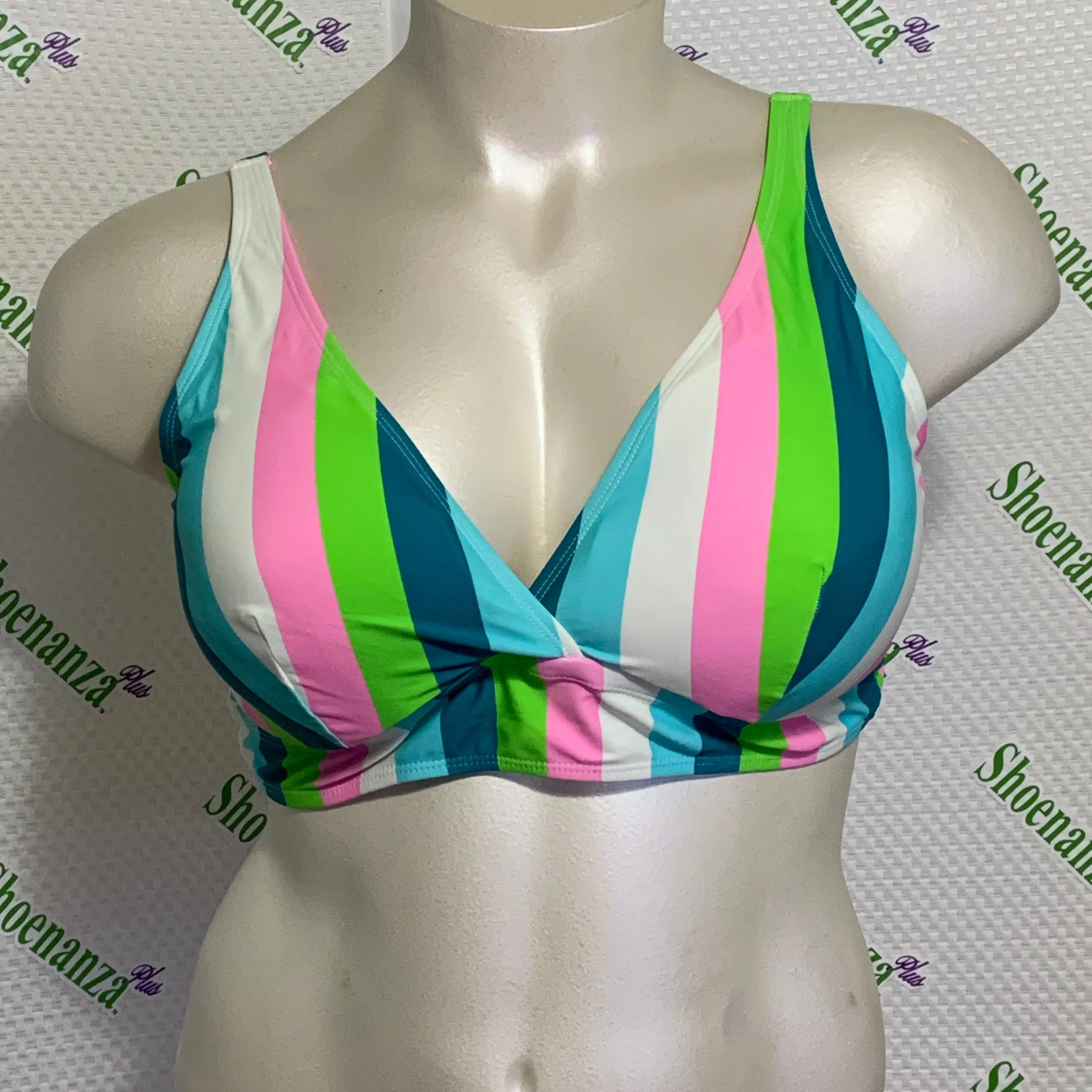 Product image for Torrid Swimsuit Swim Top Wireless Bikini Striped Pink Green White Plus 3 22 24