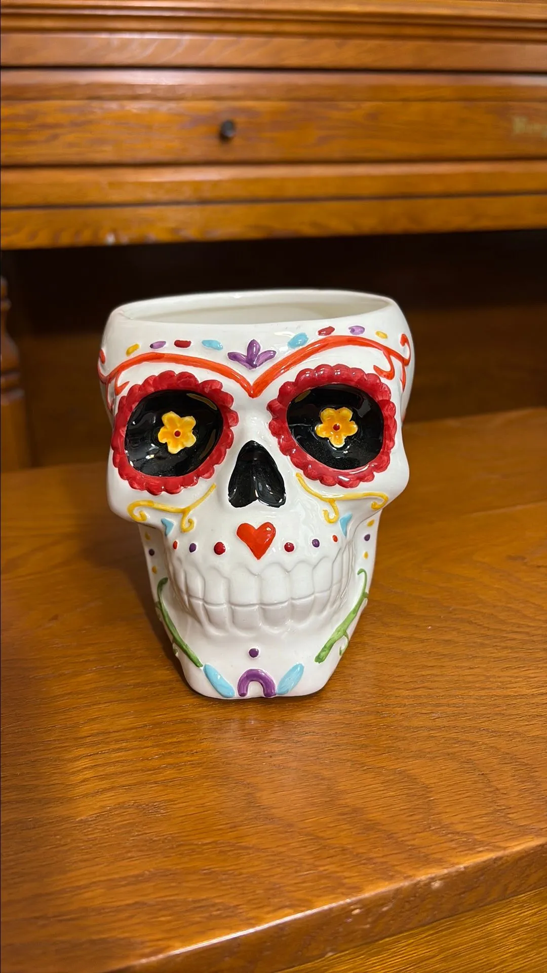 Product image for 0B0Sk Candy Skull Planter Vase ceramic Dia De Los Muertos 5x7 4.5" diameter opening