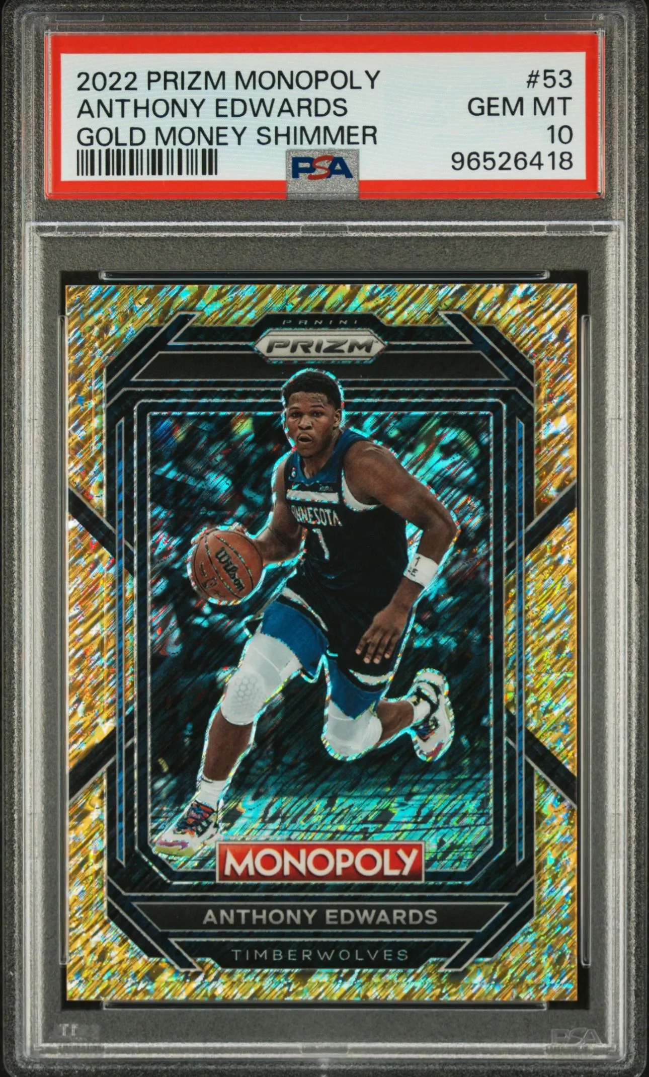 Product image for Anthony Edwards Gold Money Shimmer /500 - 2022 Panini Prizm Monopoly PSA 10 Minnesota Timberwolves