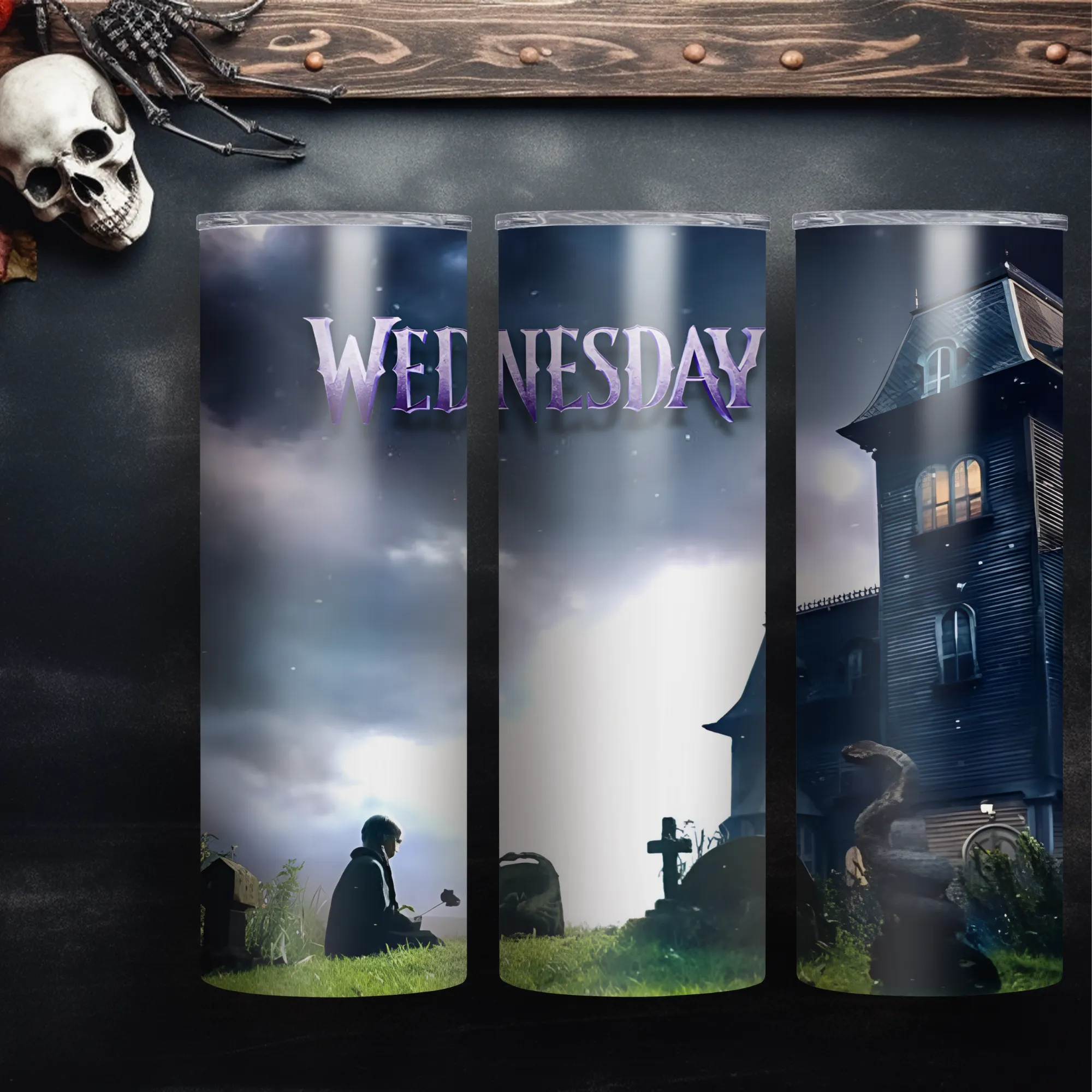 Product image for Wednesday series inspired Addams family 20oz stainless steel reusable tumbler with lid and straw