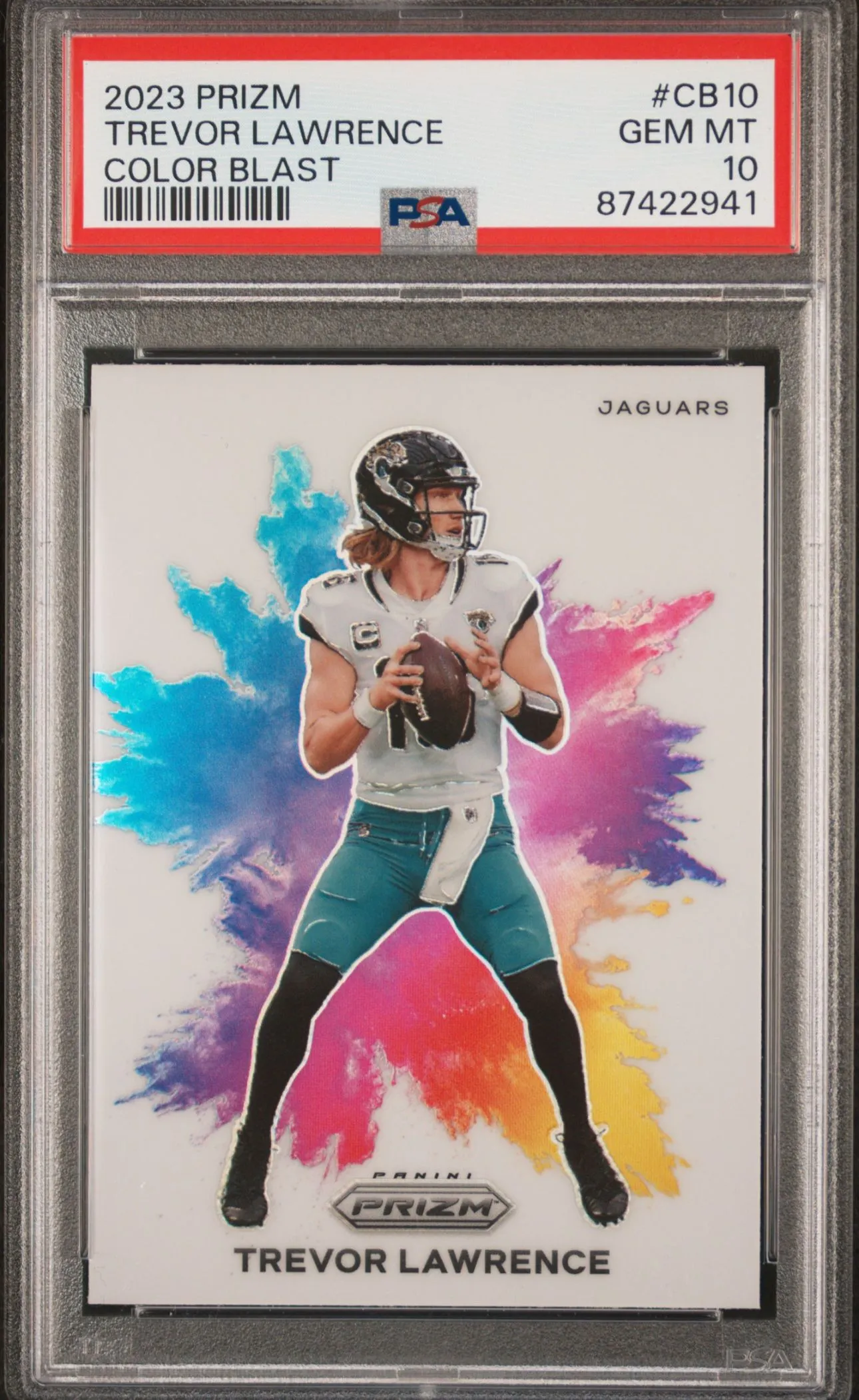 Product image for Trevor Lawrence 2023 Prizm Color Blast PSA 10 Jacksonville Jaguars