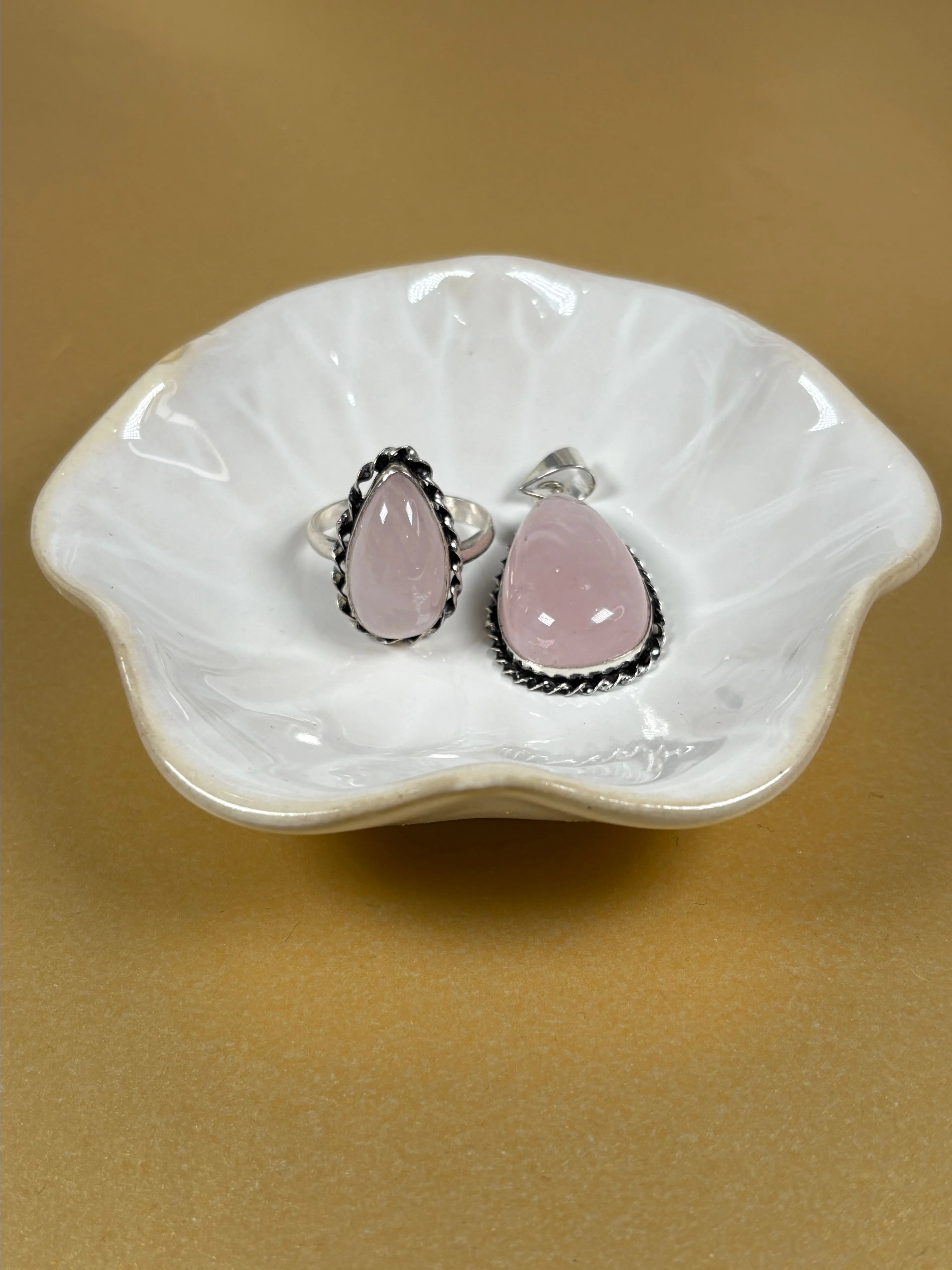 Product image for #3Z: 🌸 Rose Quartz Ring & Pendant Set – Sterling Plated – Ring Size 12 🌸