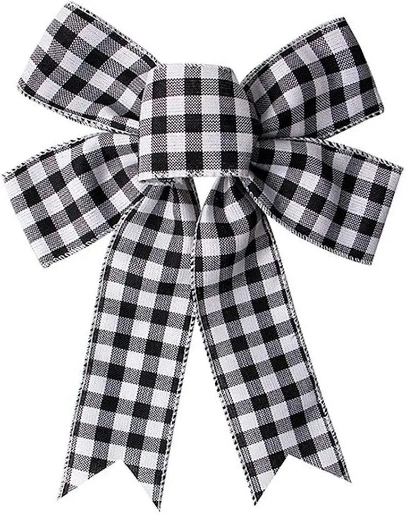 Product image for Large black and white buffalo plaid bows with lights set of 2 