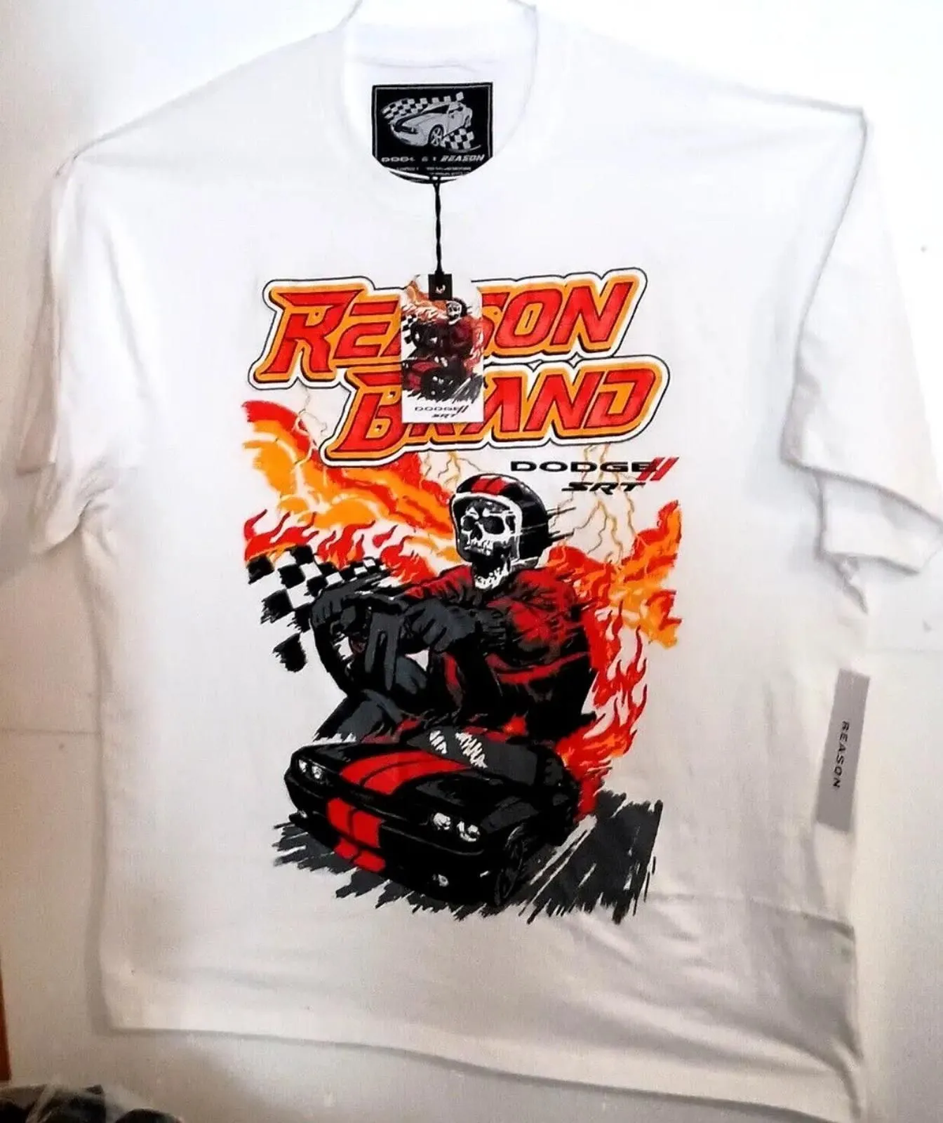 Product image for Dodge + Reason SRT Hemi Challenger Skull Flames Racer MOPAR NOS New (XL)T-Shirt