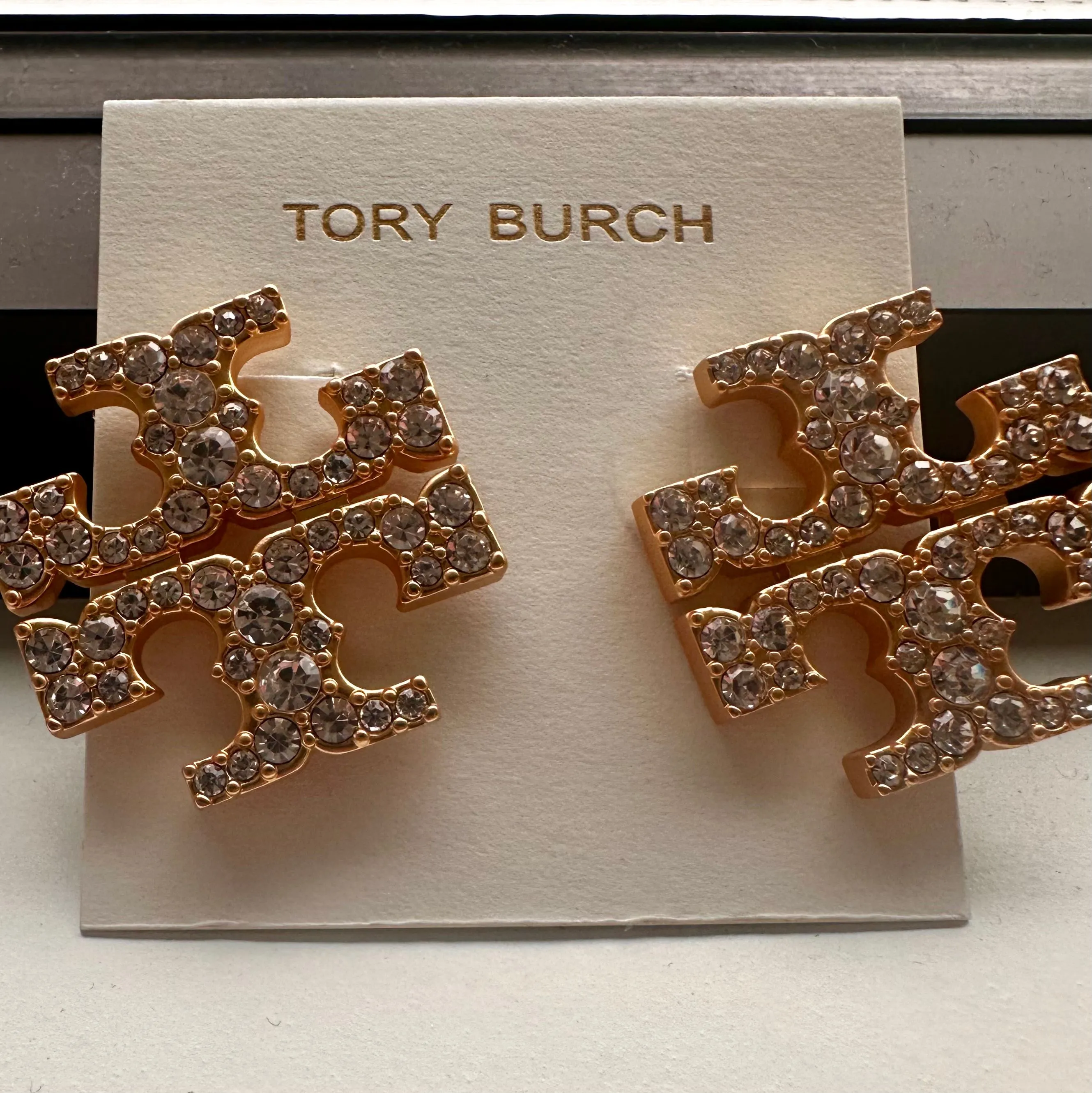 Product image for New Tory Burch Roxanne crystal pave oversized statement stud earrings on TB card