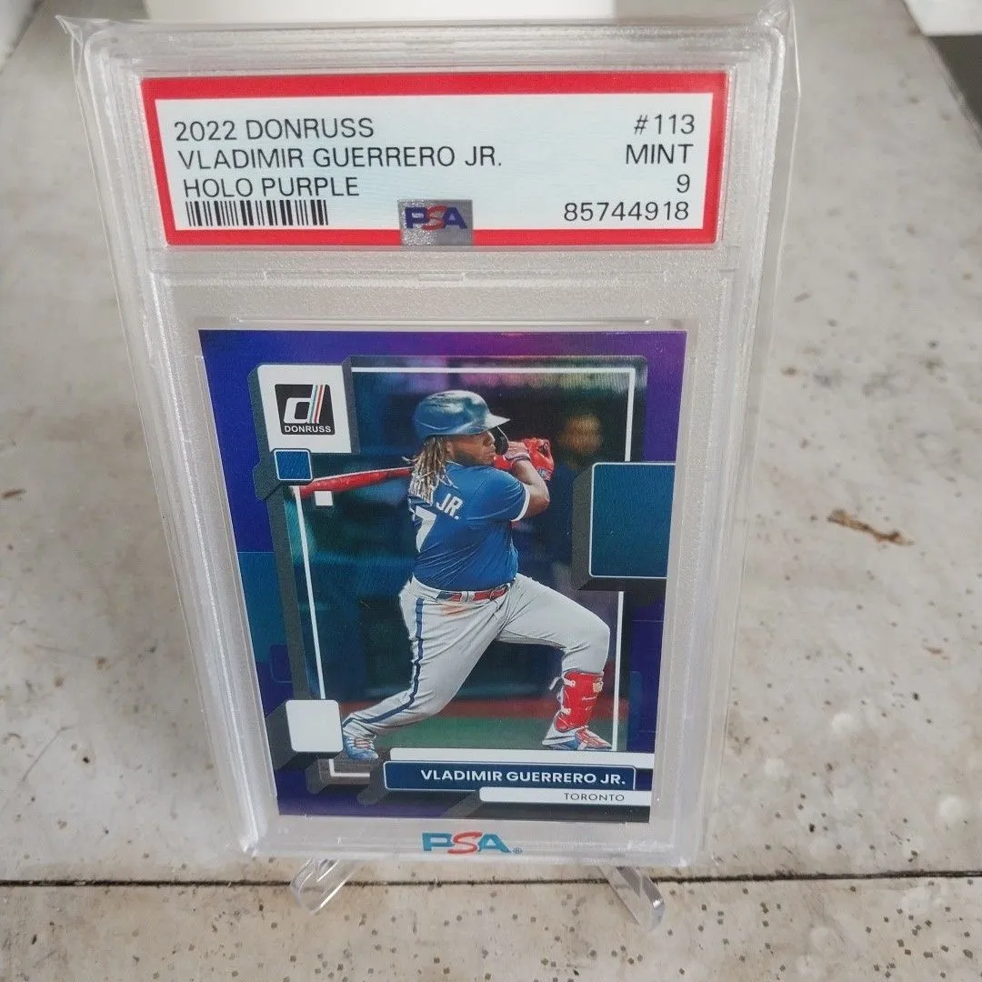 Product image for 2022 Panini Donruss Vladimir Guerrero Jr. 113 Holo Purple PSA MINT 9