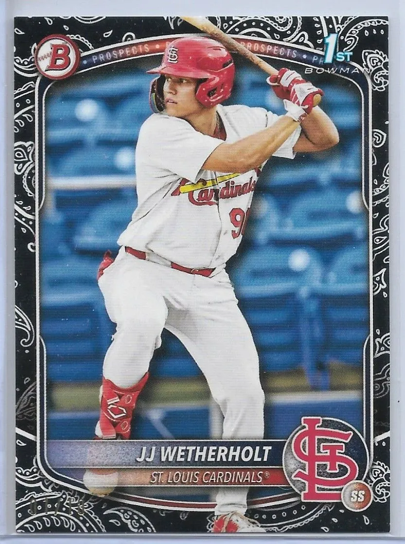 Product image for JJ Wetherholt Bowman Baseball 2025 (St Louis Cardinals Organization) 1st Bowman Black Bandana SSP Card 01/10