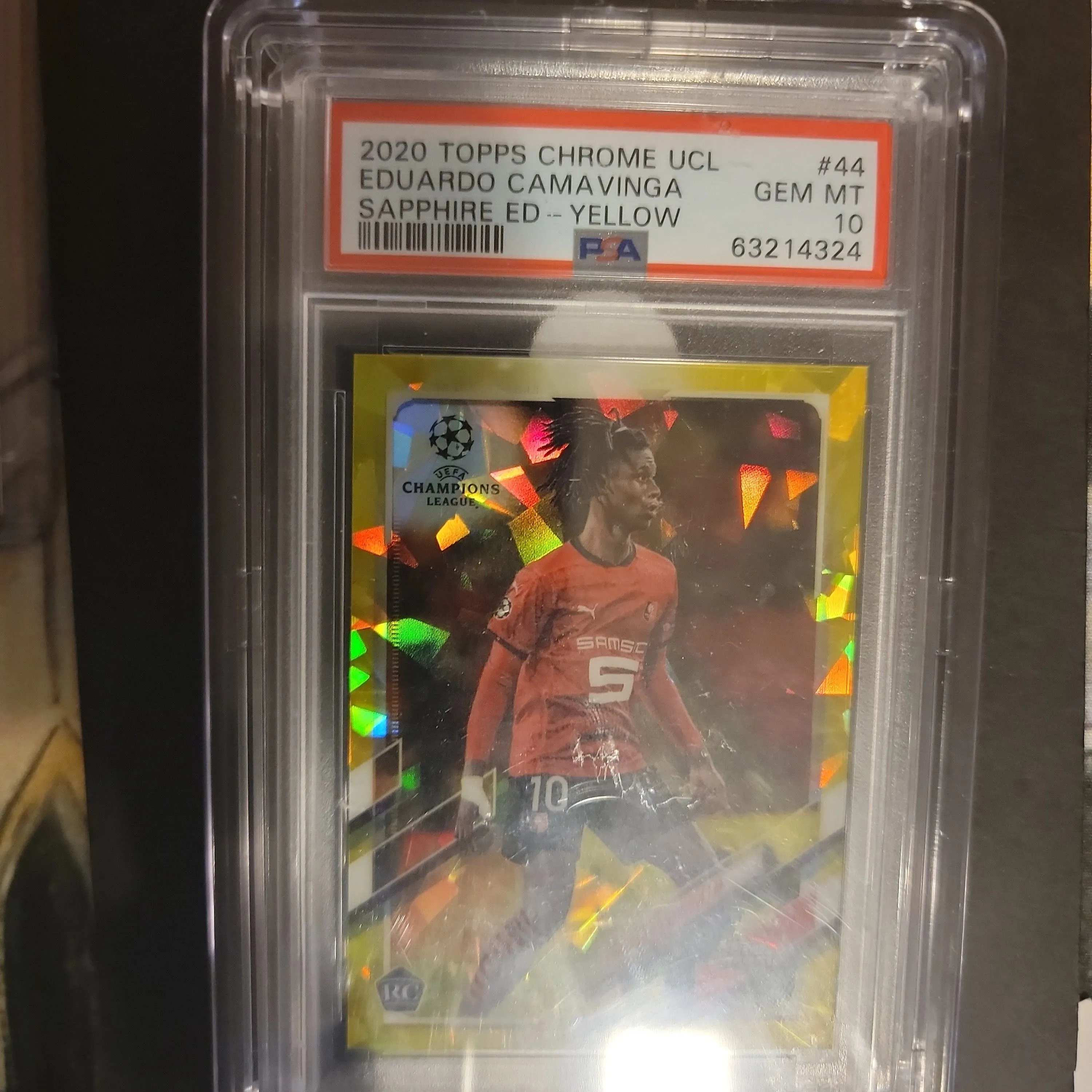 Product image for 2020 Topps Chrome Uefa Champions League Sapphire Edition Eduardo Camavinga Sapphire Ed-Yellow PSA GEM MT 10