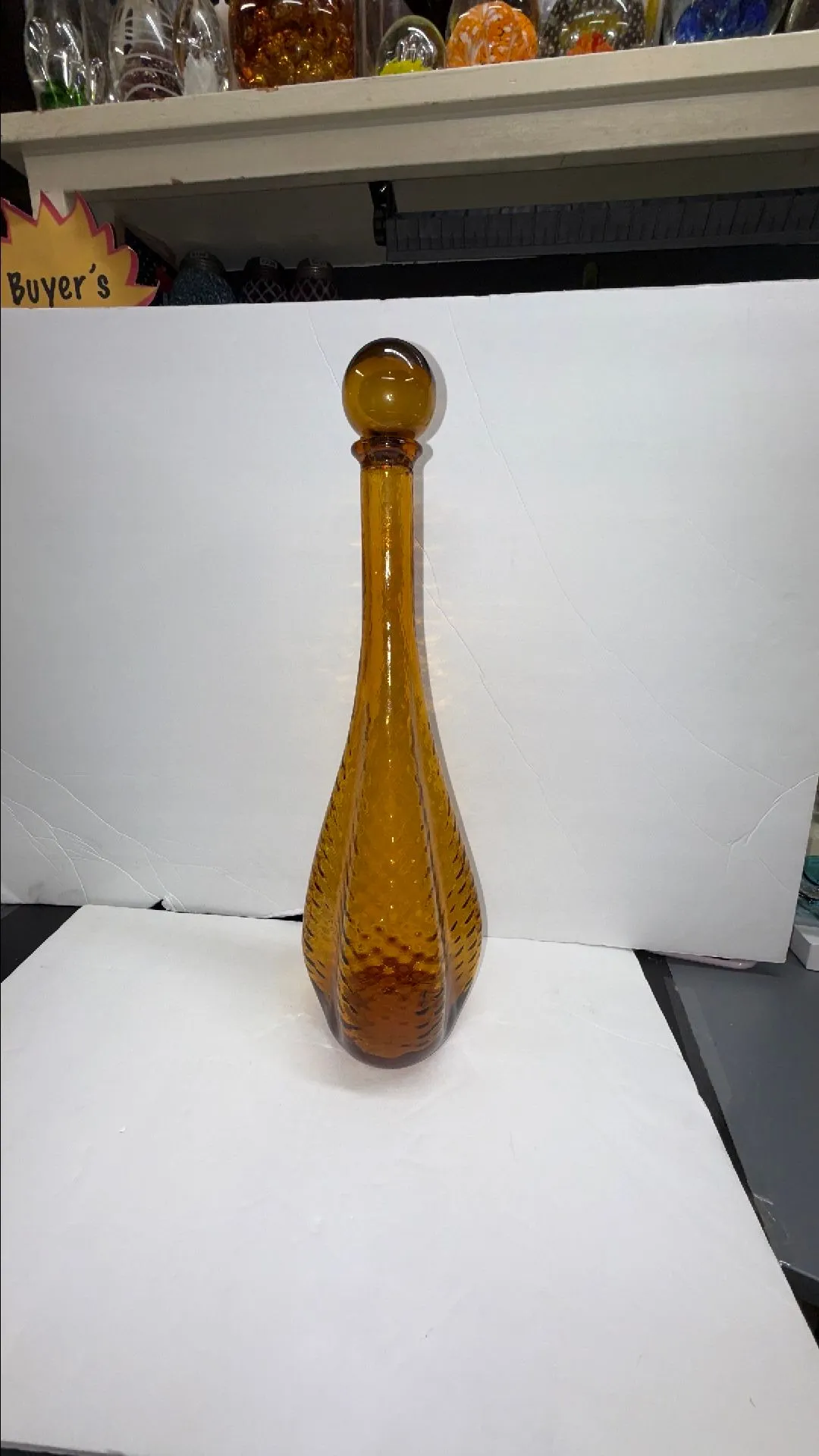 Product image for 1123 Vintage Empoli Honeysuckle Trefoil Ripple Pattern Glass Genie Bottle & Married Stopper.
