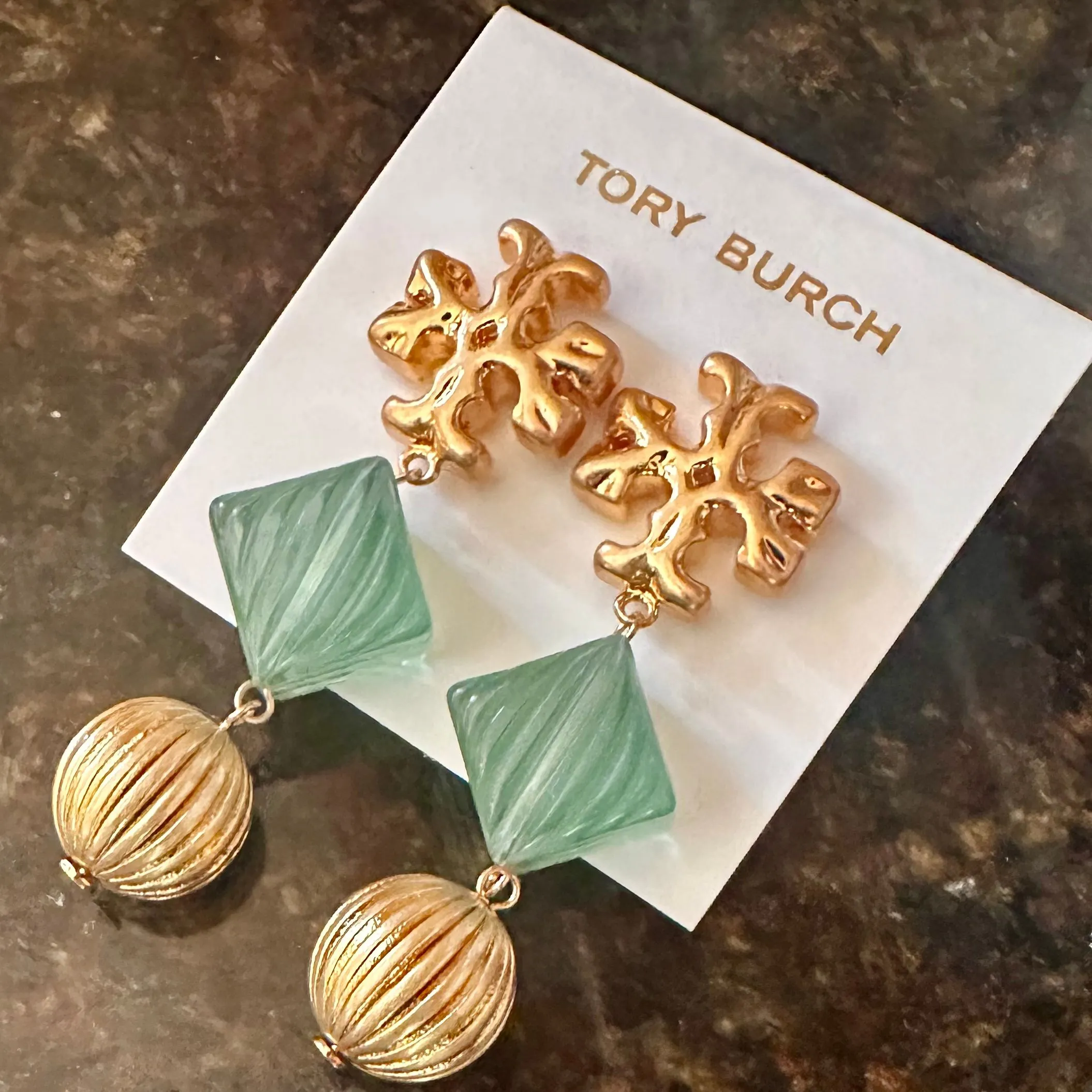 Product image for New TORY BURCH Roxanne Double Drop STUD Earrings In Rolled Brass /Azure Green