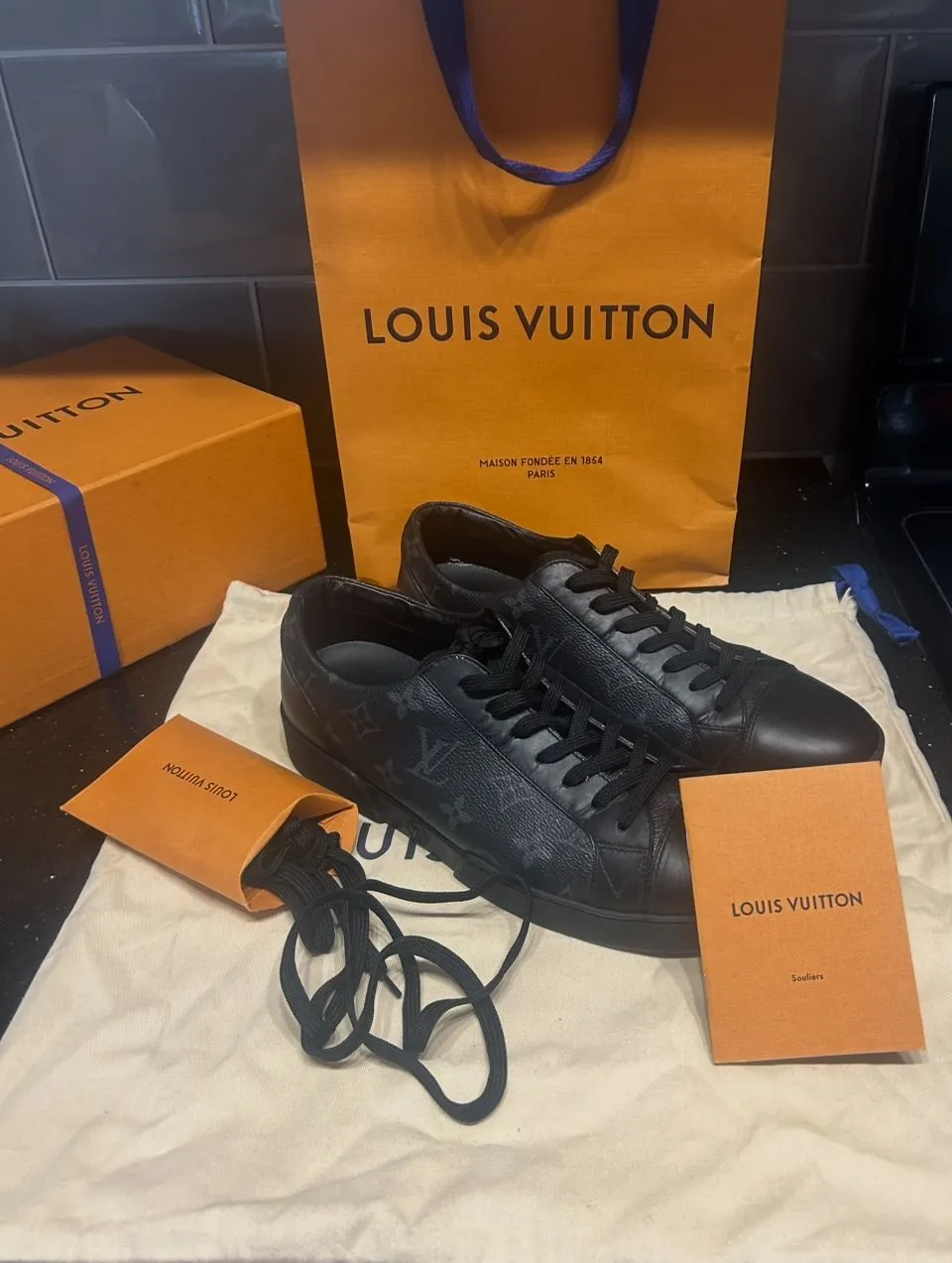 Product image for Louis Vuitton Men's Size 8 US Black Monogram Eclipse Luxembourg Sneaker 1lv215s
