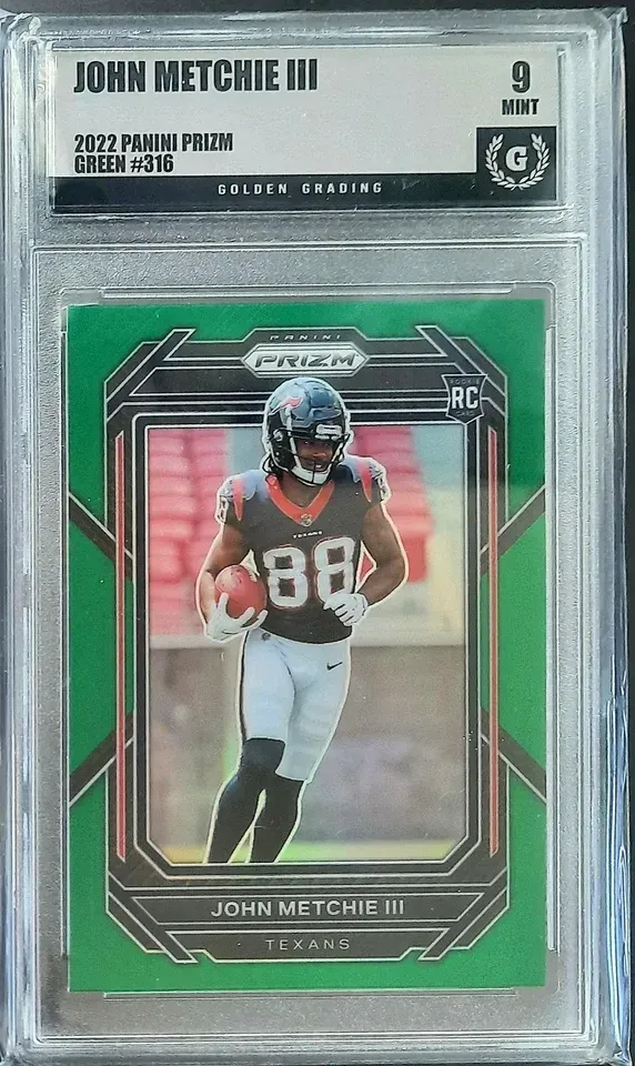 Product image for John Metchie III 2022 Panini Prizm RC #316 Green Golden Grading (GG) 9 Mint