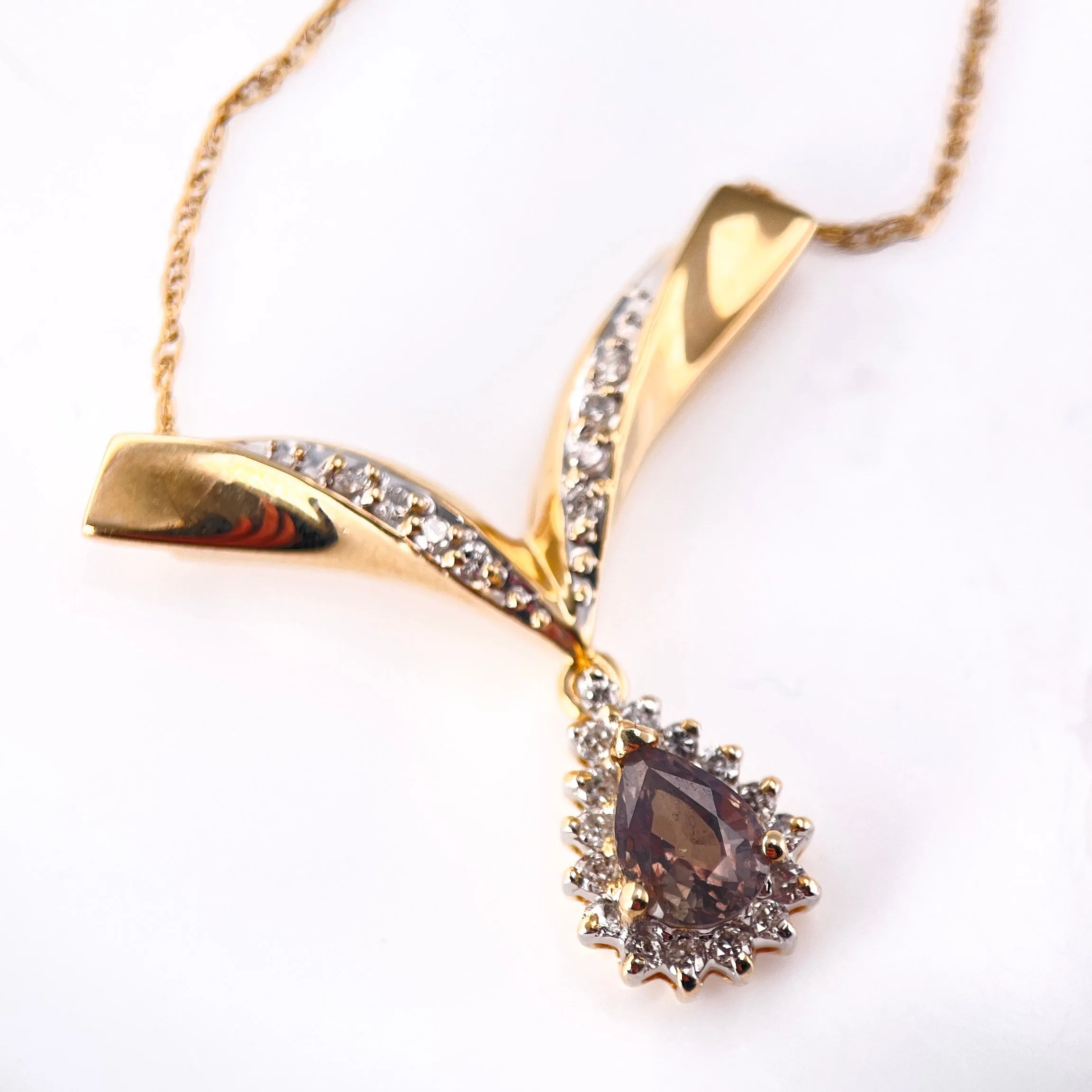 Product image for Luxurious Vintage Signed 14k Yellow Gold Alexandrite with Diamond Halo Suspended from Gold "Ribbon" Necklace 1 1/8"x 1 1/8" and 15" Chain (4.23g)