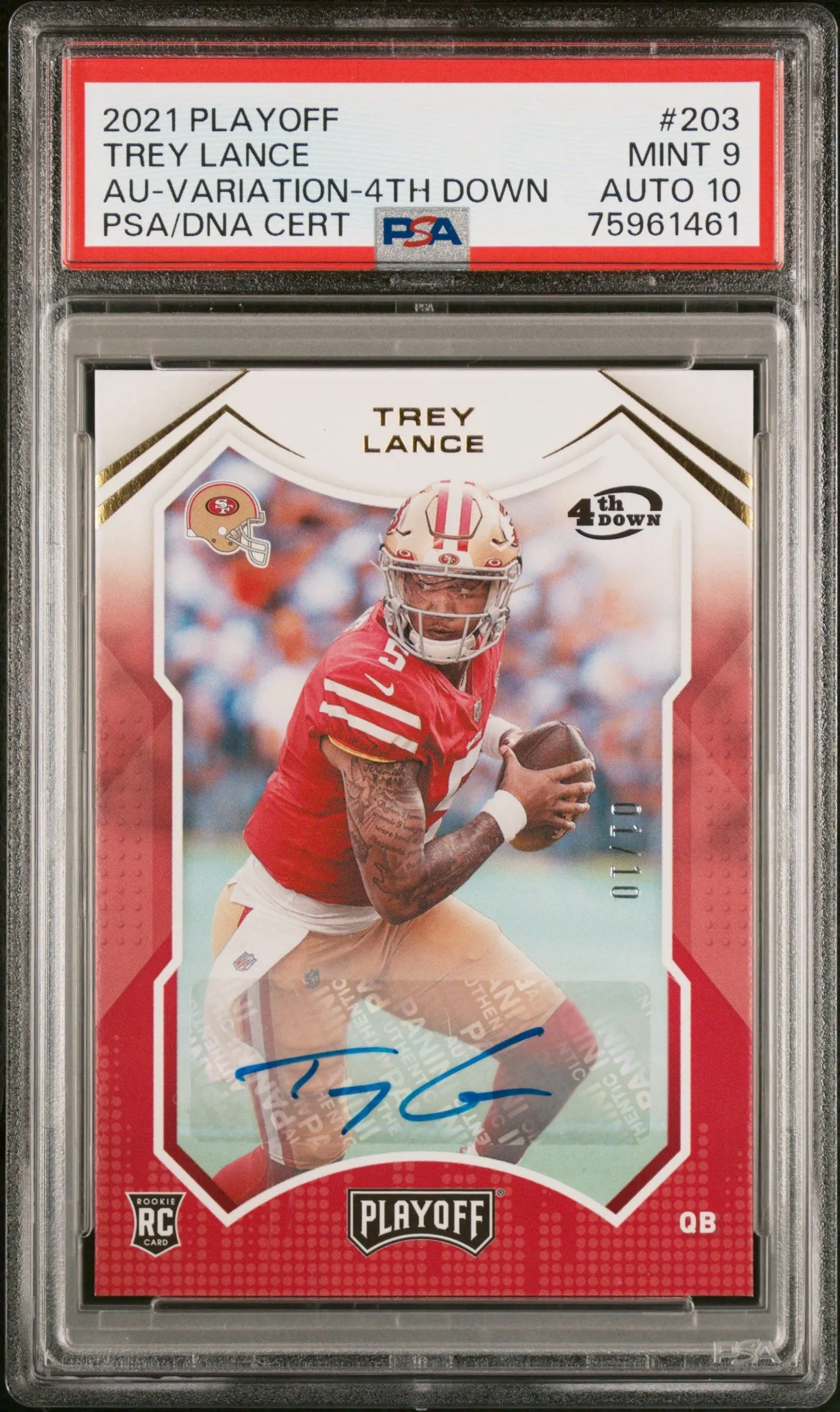Product image for 2021 Panini Playoff Trey Lance 203 Au-Variation-4Th Down PSA MINT 9