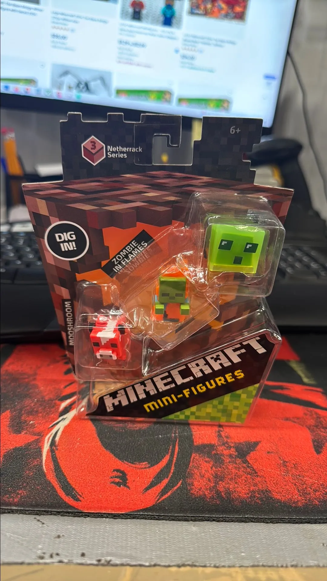 Product image for Minecraft mini figures. Mooshroom. Zombie in flames. Slime cube.