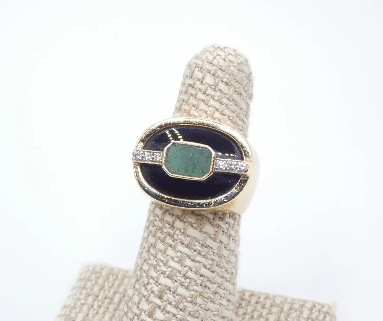 Product image for AU282	Art Deco 14k yellow gold diamond Jade dinner ring size 6.5 13g