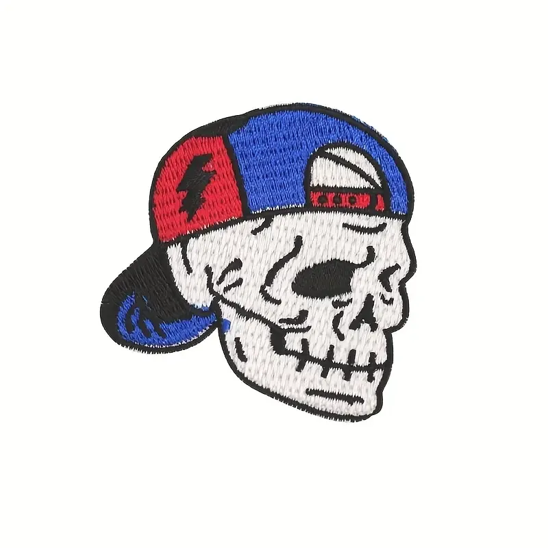 Product image for Skull Patch with Backwards Hat - Embroidered Iron-On Biker Punk Patch