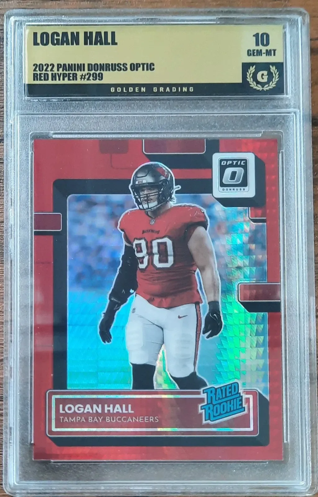 Product image for Logan Hall 2022 Panini Donruss Optic Rated Rookie RC #299 Red Hyper Prizm Golden Grading (GG) 10 Gem Mint