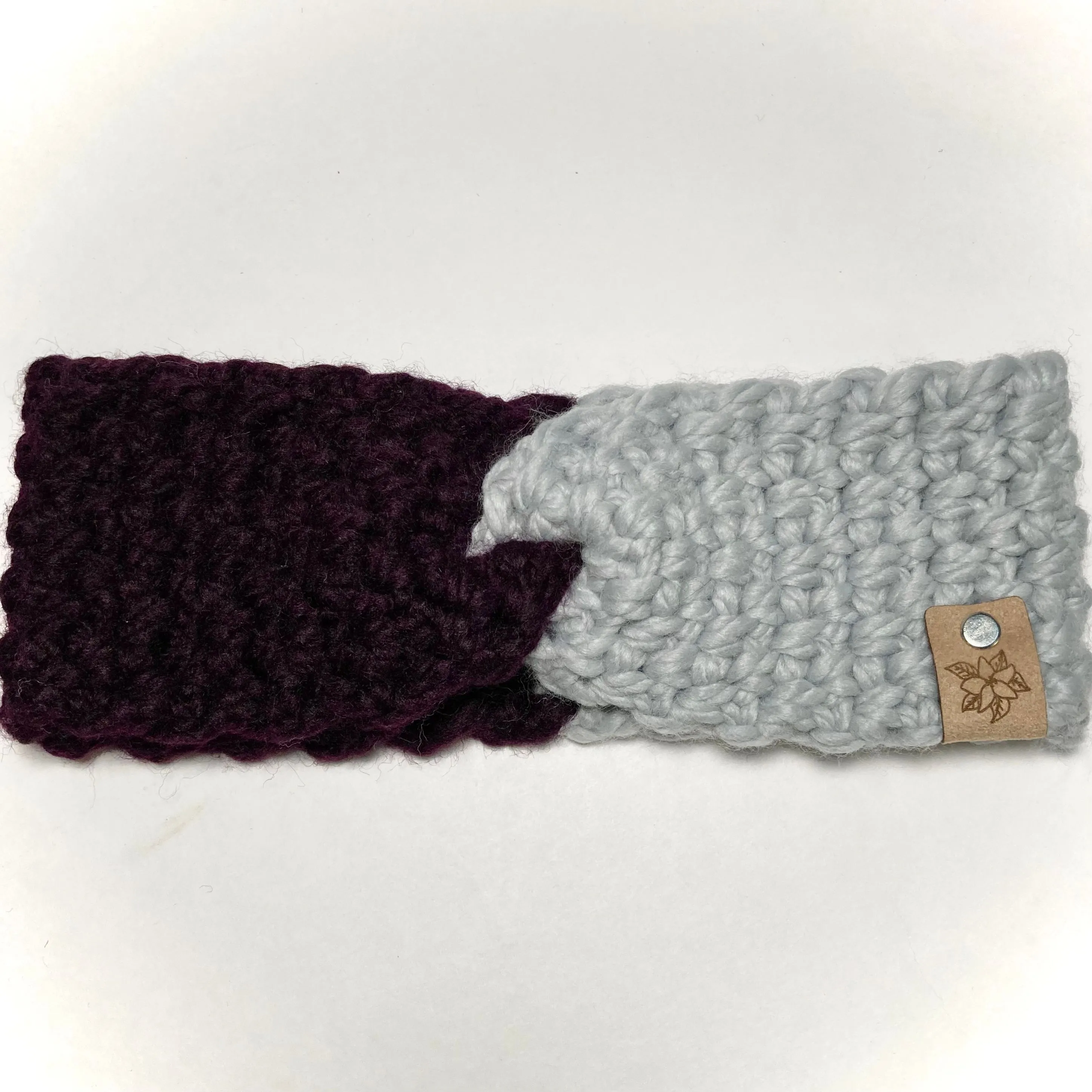 Product image for Headband Wool Ear Warmer handmade crocheted maroon gray twist turban small