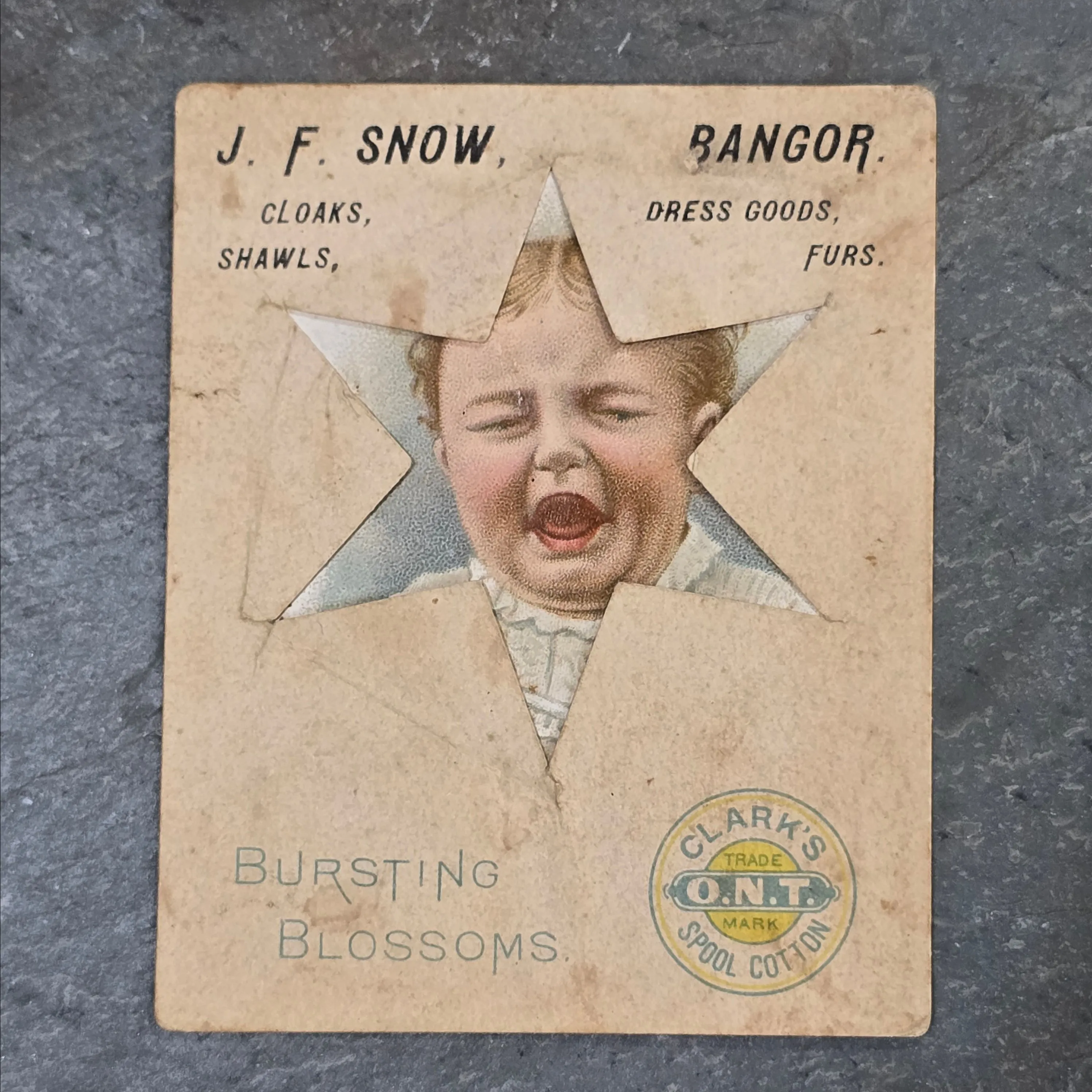 Product image for Clark's O.N.T. Spool Cotton Crying Baby Die Cut Star Antique Thread Victorian Trade Card J.F. Snow Bangor ME (WNB1-72)