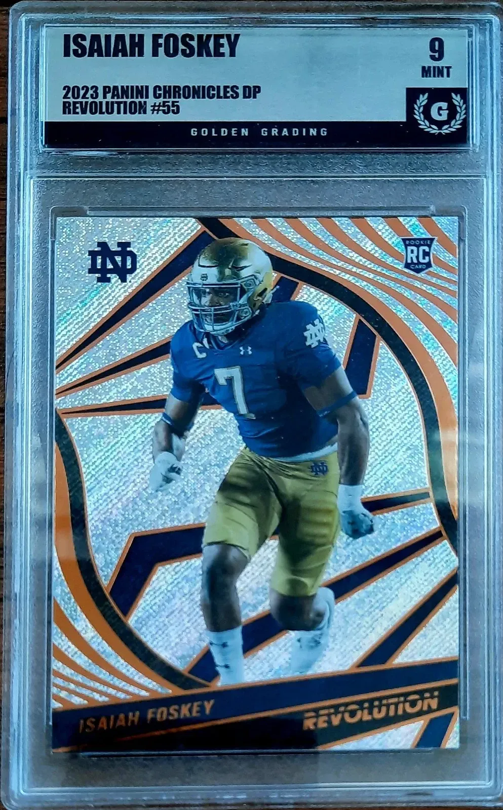 Product image for Isaiah Foskey 2023 Panini Chronicles Draft Picks DP Revolution RC #55 Golden Grading 9 Mint  