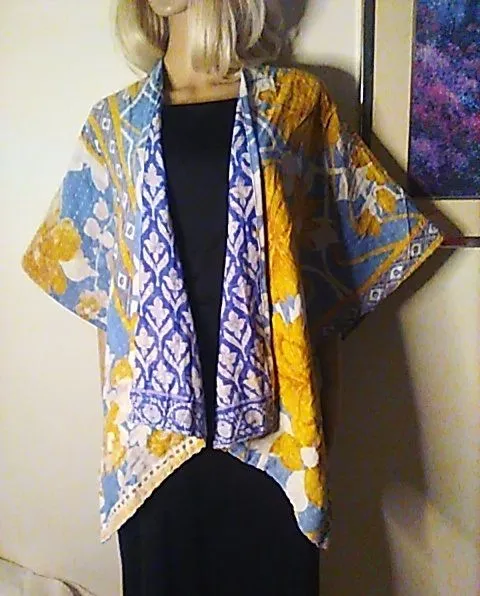 Product image for Kantha Waterfall Kimono "Free Spirit" Blue Original Design S-XL Handmade Boho Hippy Gypsy