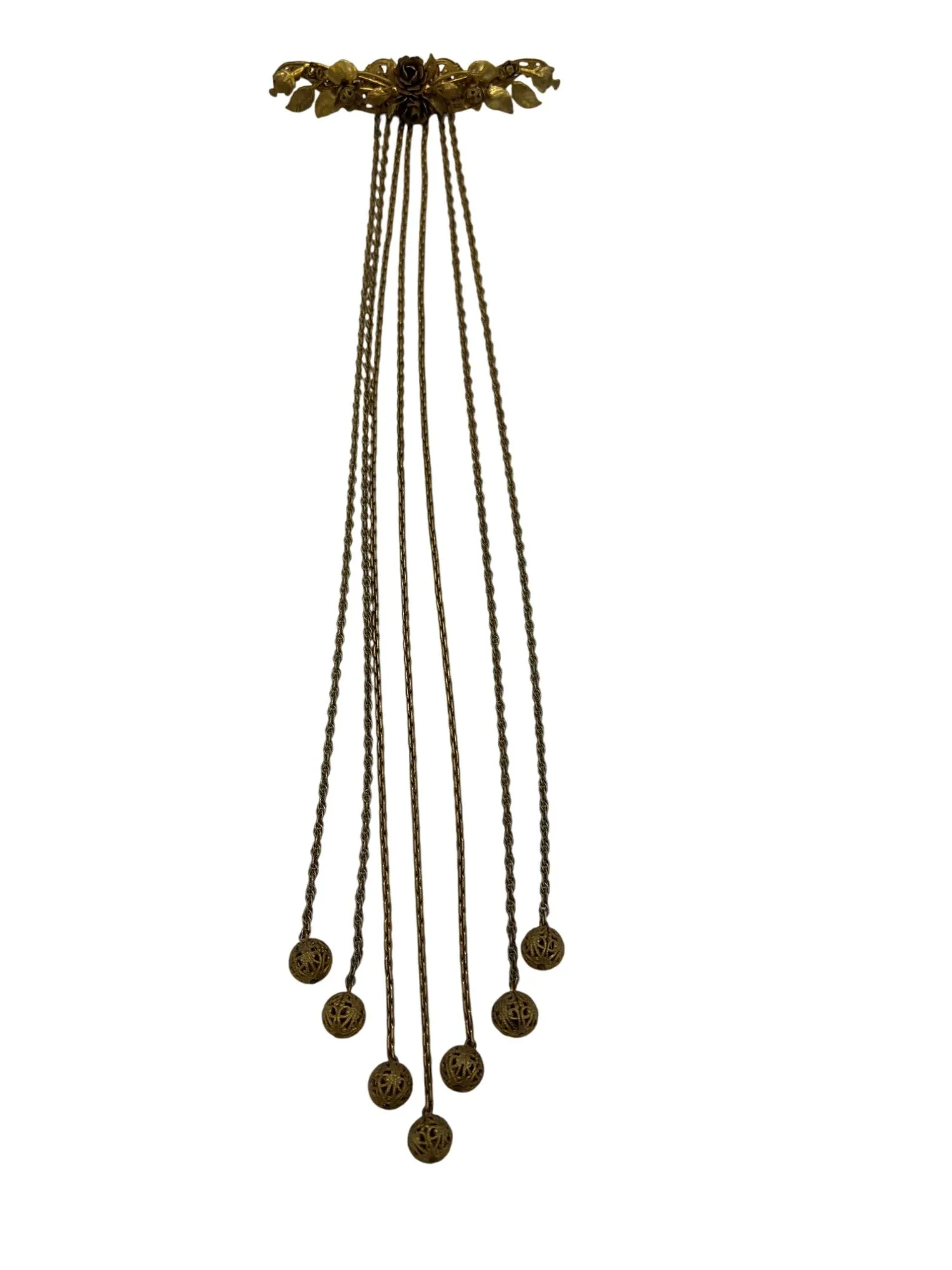 Product image for Stanley Hagler NYC Floral Brooch Gold Tone Filigree Long Dangle Beads Vintage