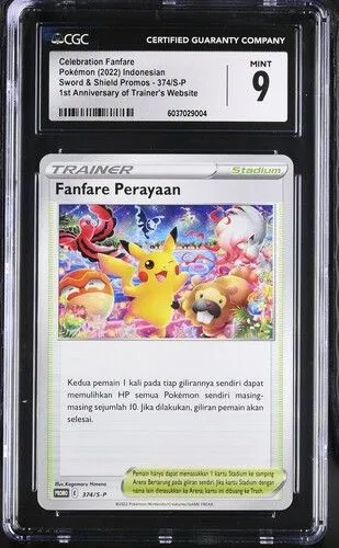 Product image for Fanfare Perayaan Celebration Fanfare Pikachu 2022 Pokemon Indonesian SWSH Sword & Shield Promo 374/S-P 1st Anniversary of Trainer's Website CGC 9 Mint