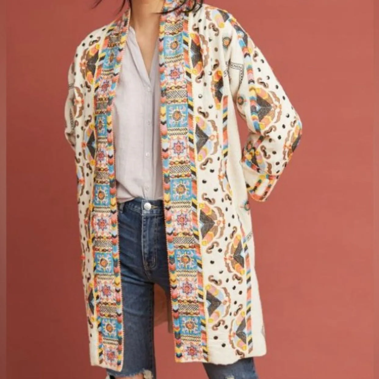 Product image for Anthropologie Maeve Coloma Embroidered Beaded Boho Cotton Jacket Coat