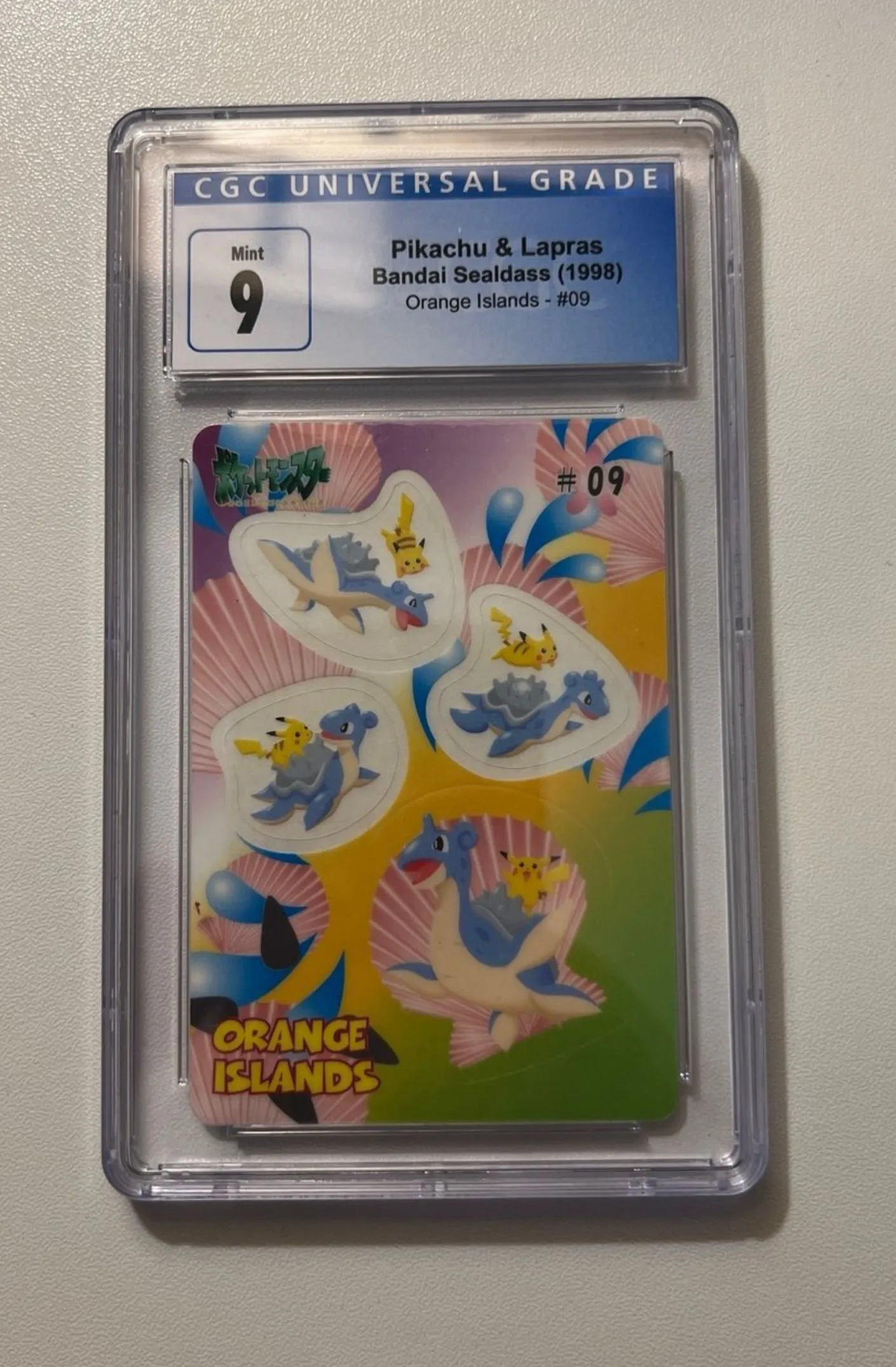 Product image for PSA 9 PIKACHU & LAPRAS Bandai Sealdass Orange Islands