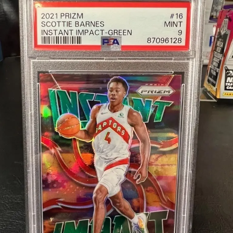 Product image for 2021 Panini Prizm Instant Impact Scottie Barnes 16 Instant Impact-Green PSA MINT 9