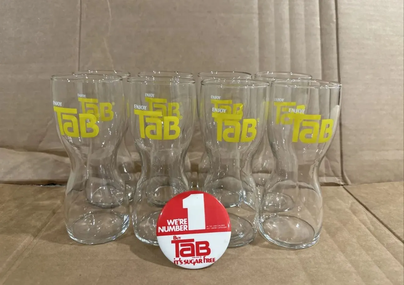 Product image for Set of 8 Vintage Rare Hourglass Tab Soda Pop Glasses - “Enjoy Tab” WITH Button!