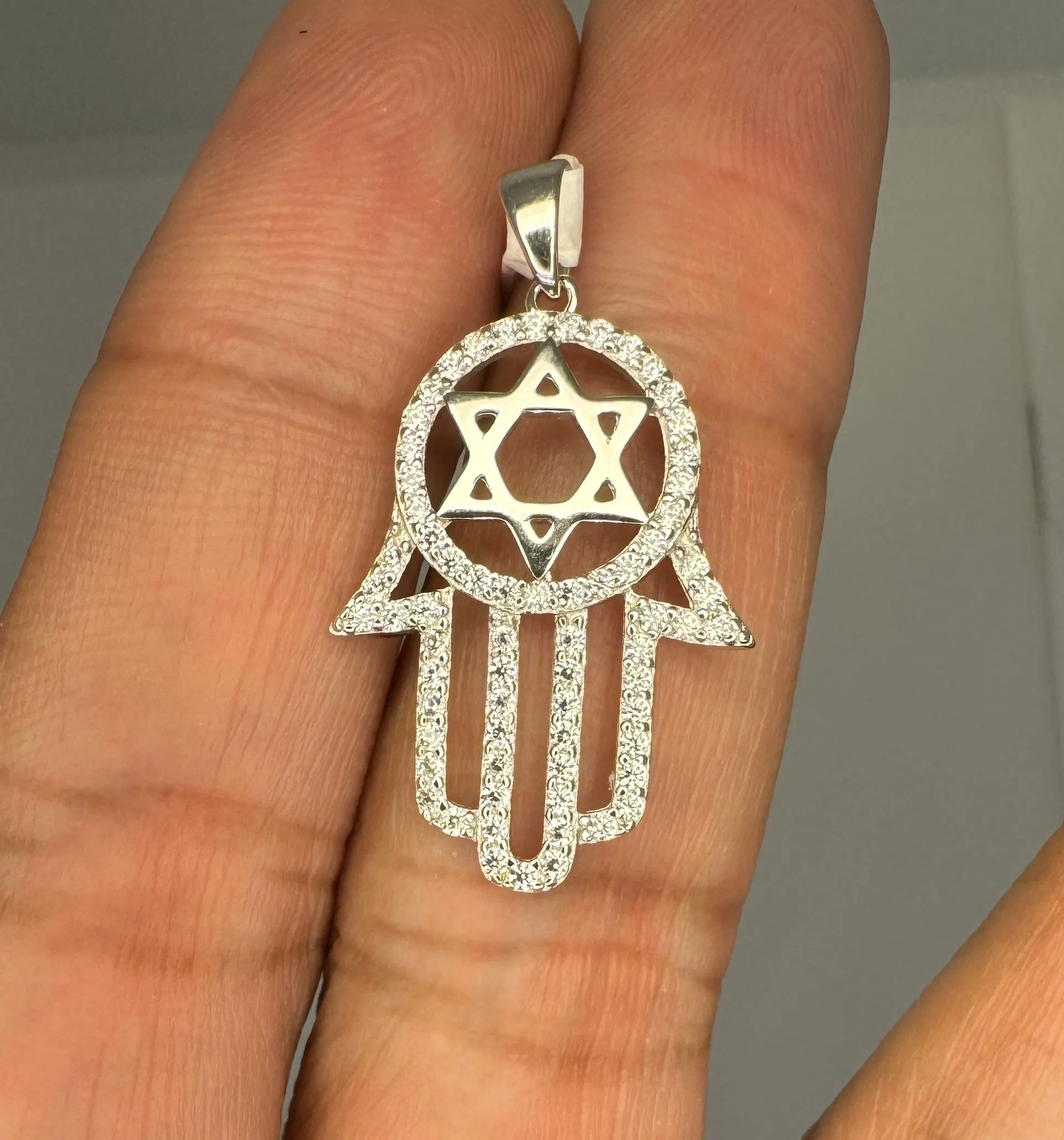 Product image for 925 Sterling Silver Hamza Hand Star Cubic Zirconia Shinny Charm Pendant