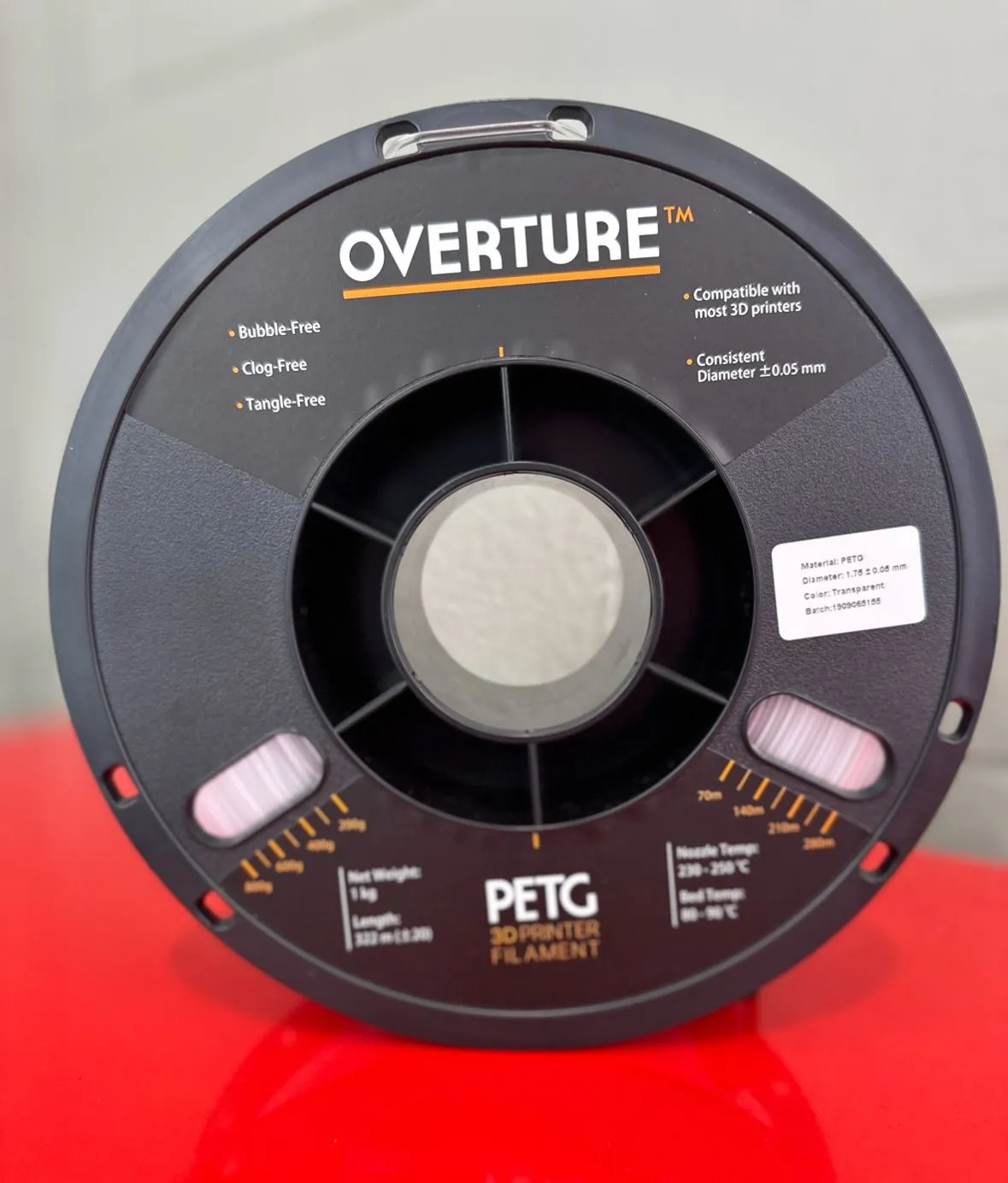 Product image for Overture PETG 3D printer filament Clear 1.75mm / Length 322m, Open Box