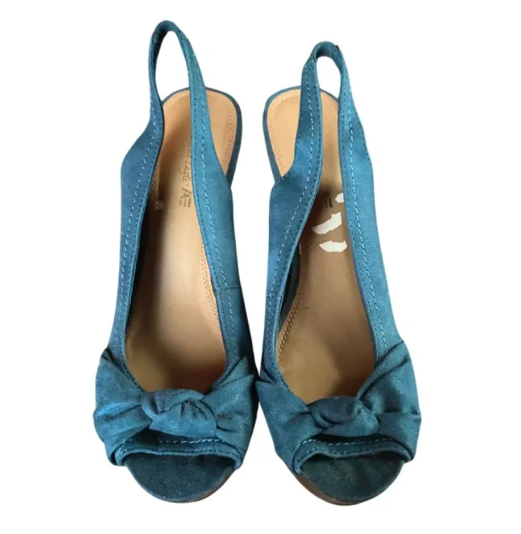 Product image for American Eagle Wedge Heels Blue Aqua Turquoise Open Peep Toe Retro Suede Size 11