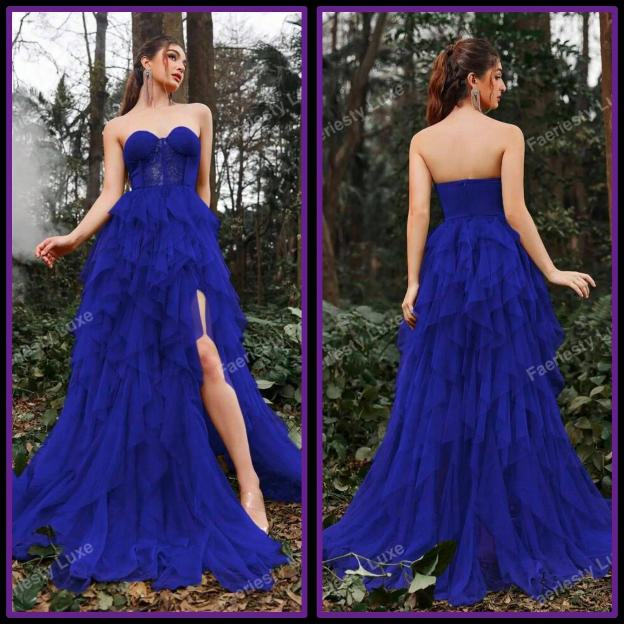 Product image for Royal Blue Strapless Mesh Overlay Hem Slit Thigh Tulle Dress. Size S.